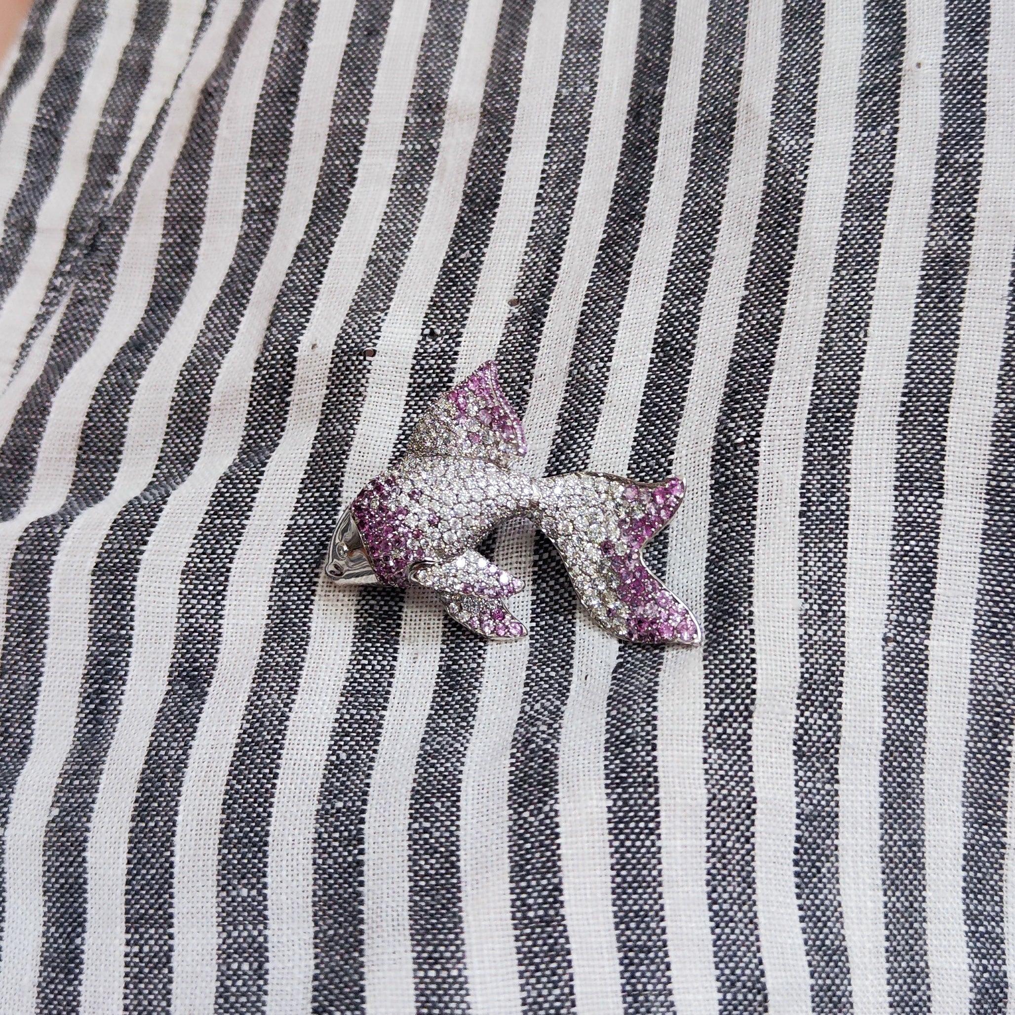 Diamonds, Pink Sapphires 18K White Gold Golden Fish Brooch, Brs 0251-21