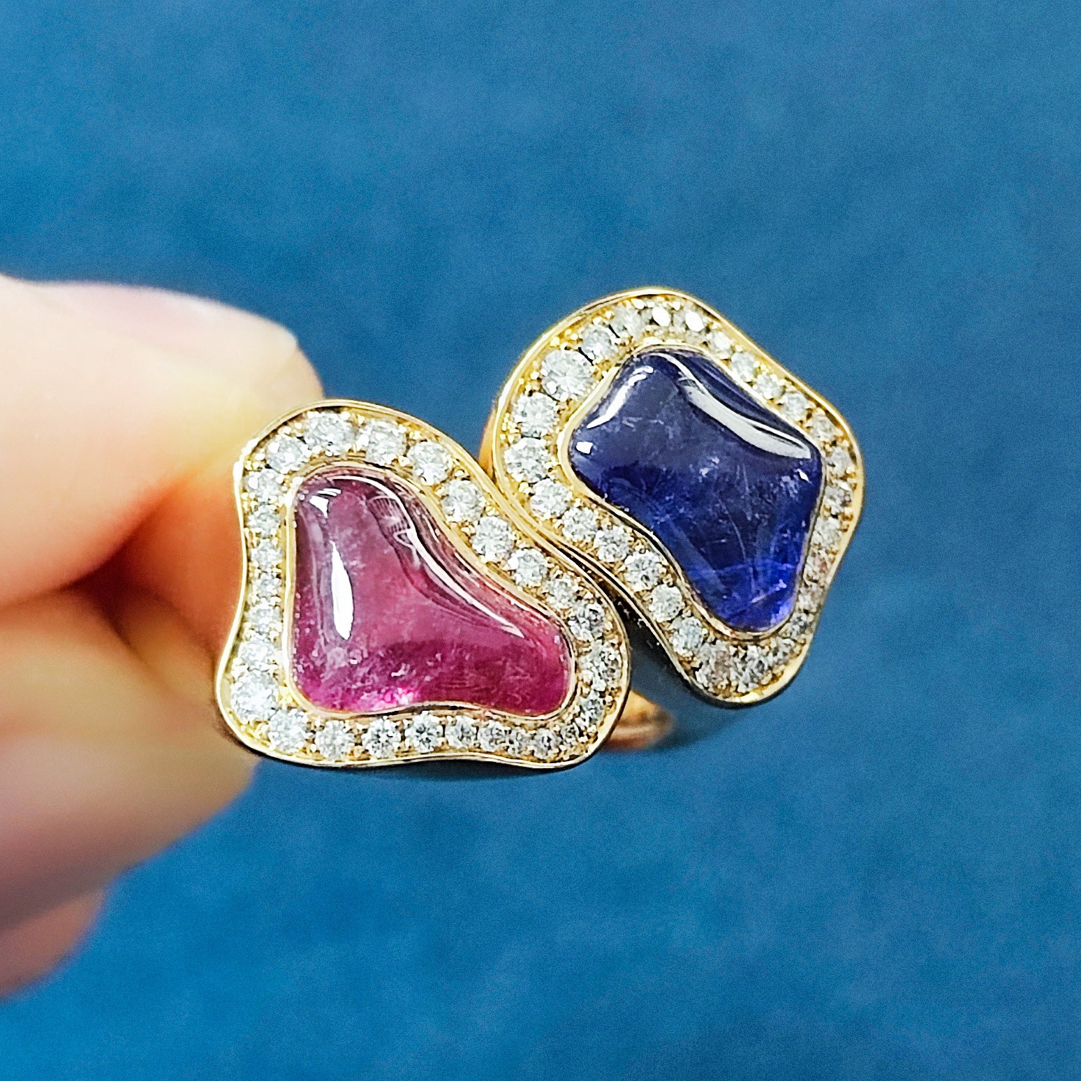 Rubellite, Tanzanite and Diamonds 18K Yellow Gold Ring, R 0030-88/1