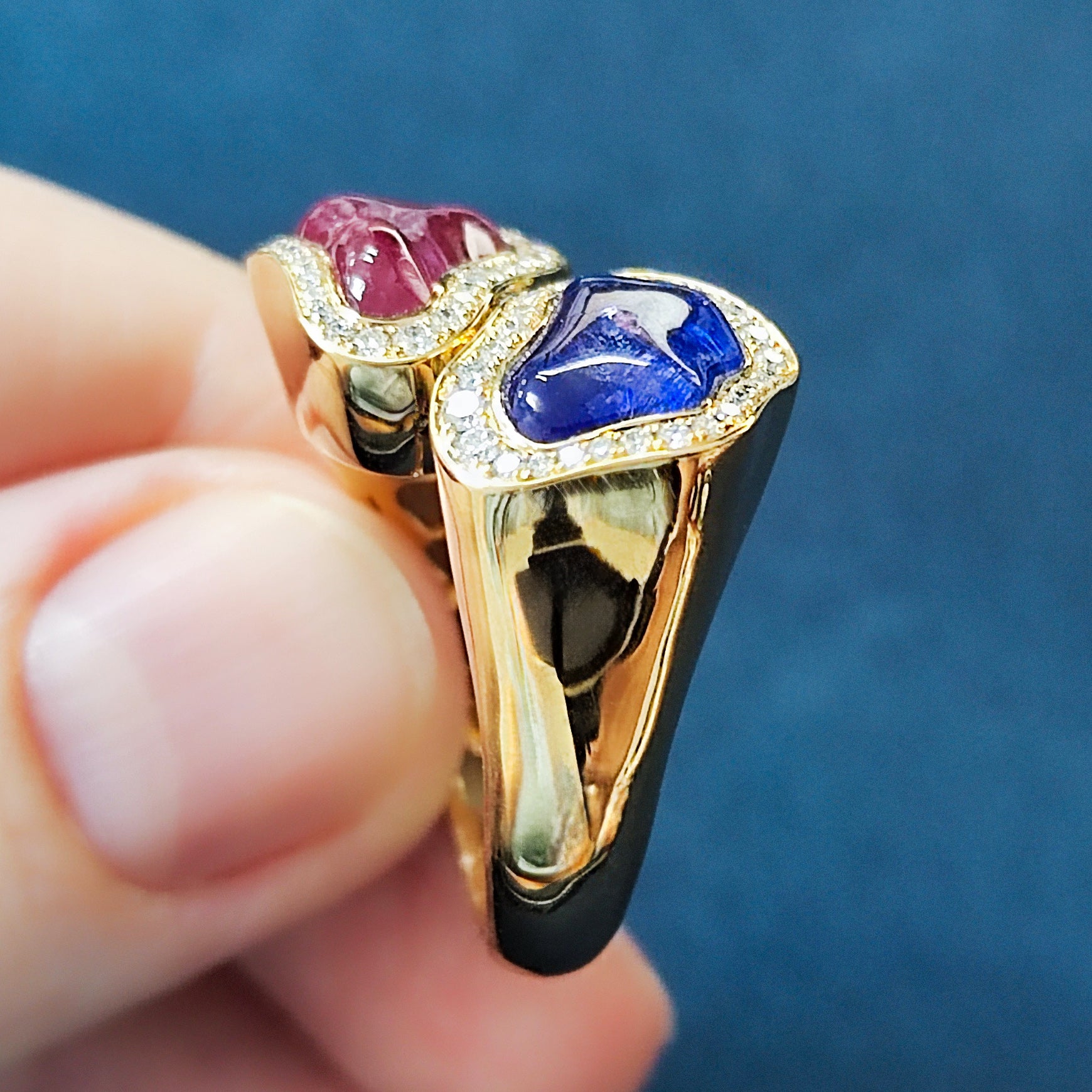 Rubellite, Tanzanite and Diamonds 18K Yellow Gold Ring, R 0030-88/1