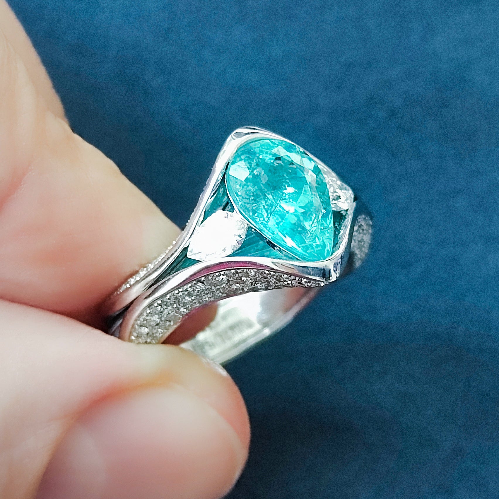 R 0127-3 18K White Gold, Enamel, Paraiba Tourmaline, Diamonds Ring