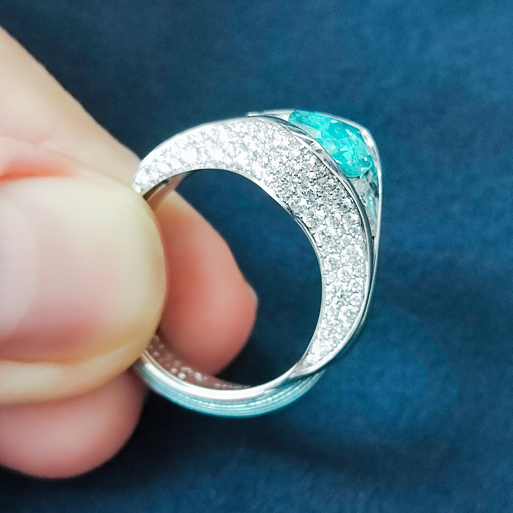 R 0127-3 18K White Gold, Enamel, Paraiba Tourmaline, Diamonds Ring