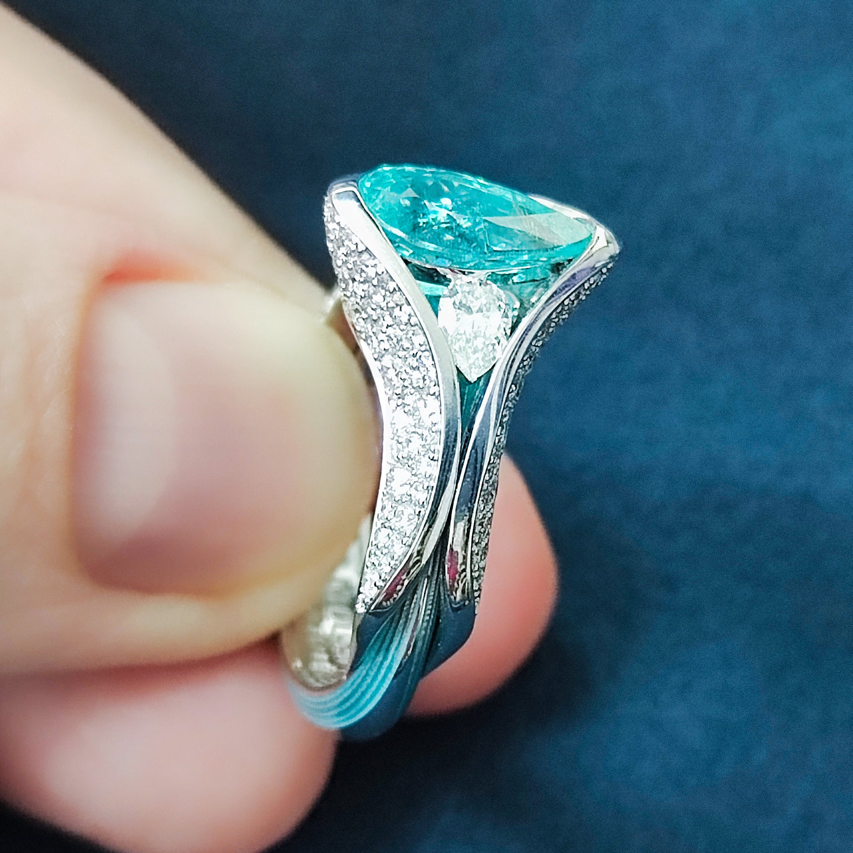 R 0127-3 18K White Gold, Enamel, Paraiba Tourmaline, Diamonds Ring
