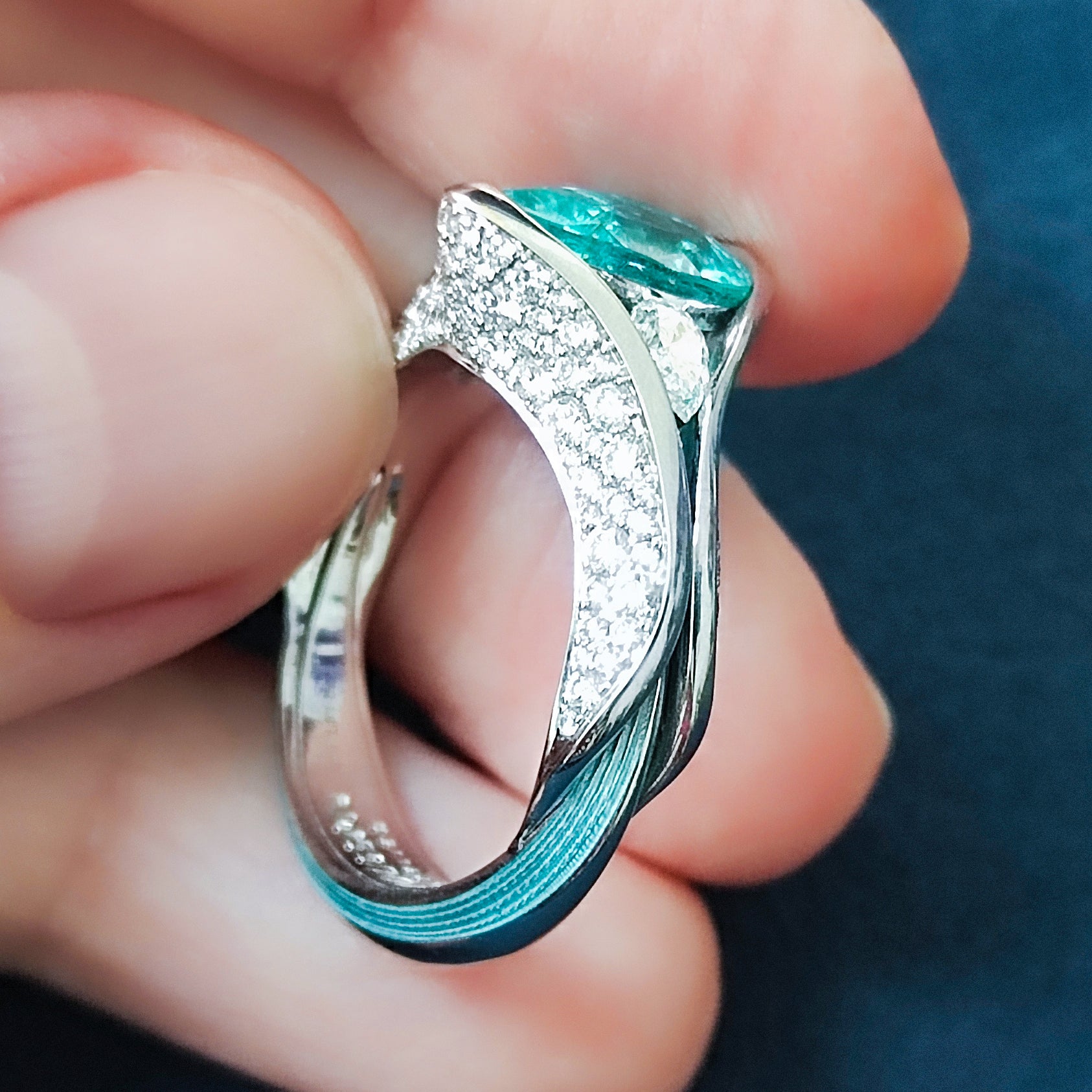 R 0127-3 18K White Gold, Enamel, Paraiba Tourmaline, Diamonds Ring