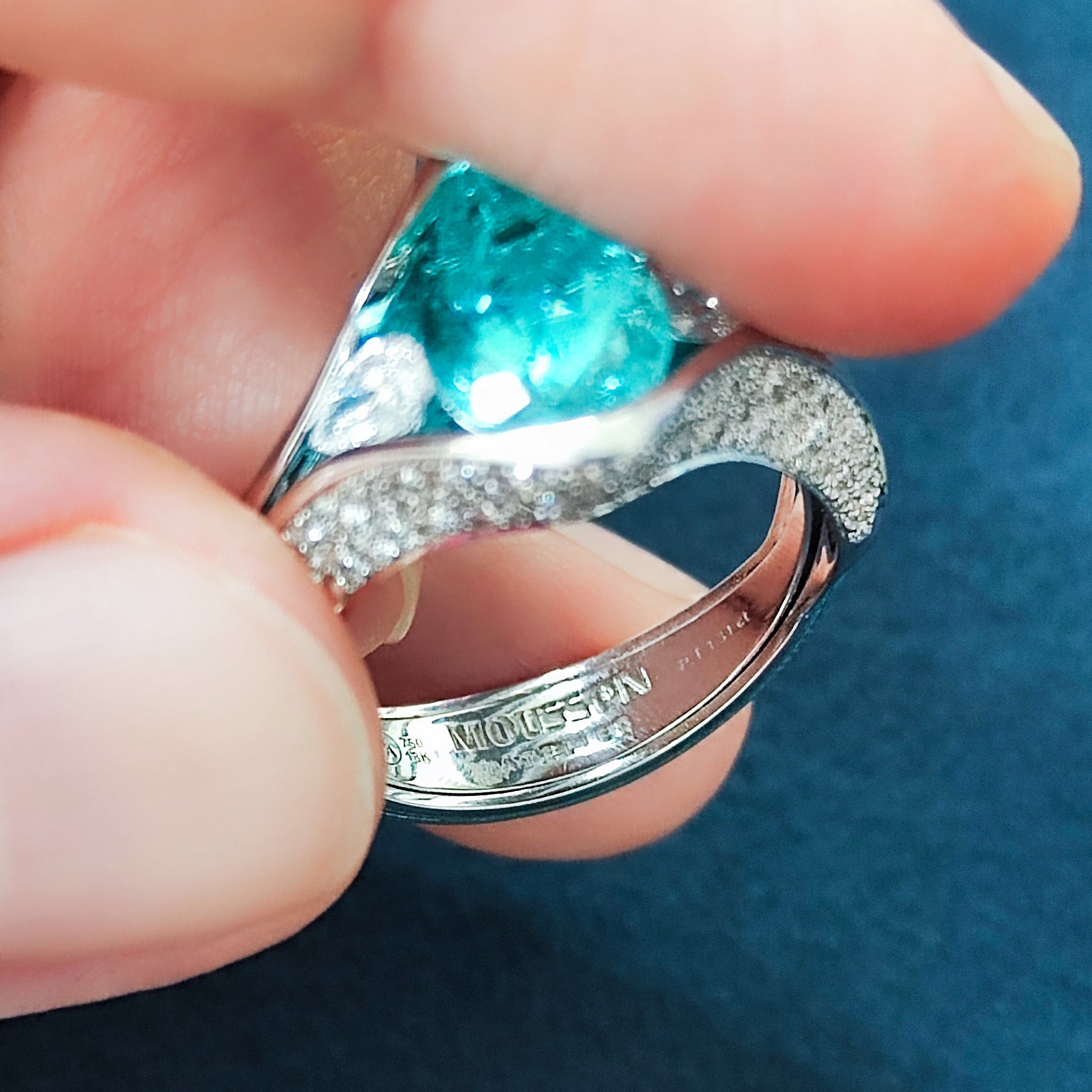 R 0127-3 18K White Gold, Enamel, Paraiba Tourmaline, Diamonds Ring