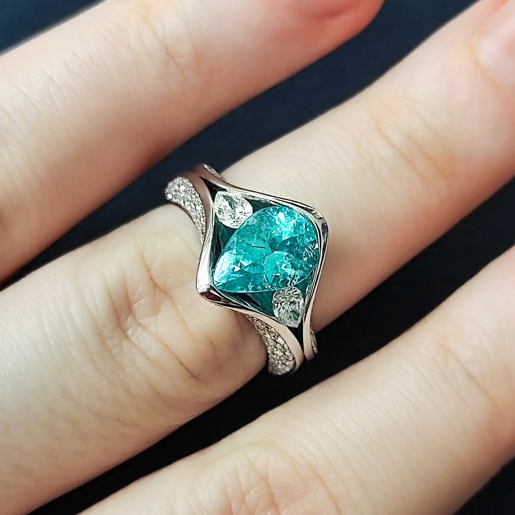 R 0127-3 18K White Gold, Enamel, Paraiba Tourmaline, Diamonds Ring
