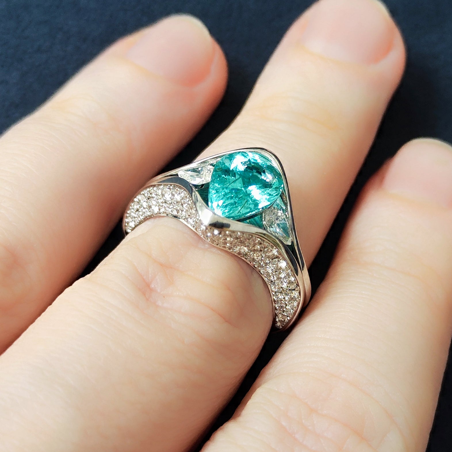 R 0127-3 18K White Gold, Enamel, Paraiba Tourmaline, Diamonds Ring