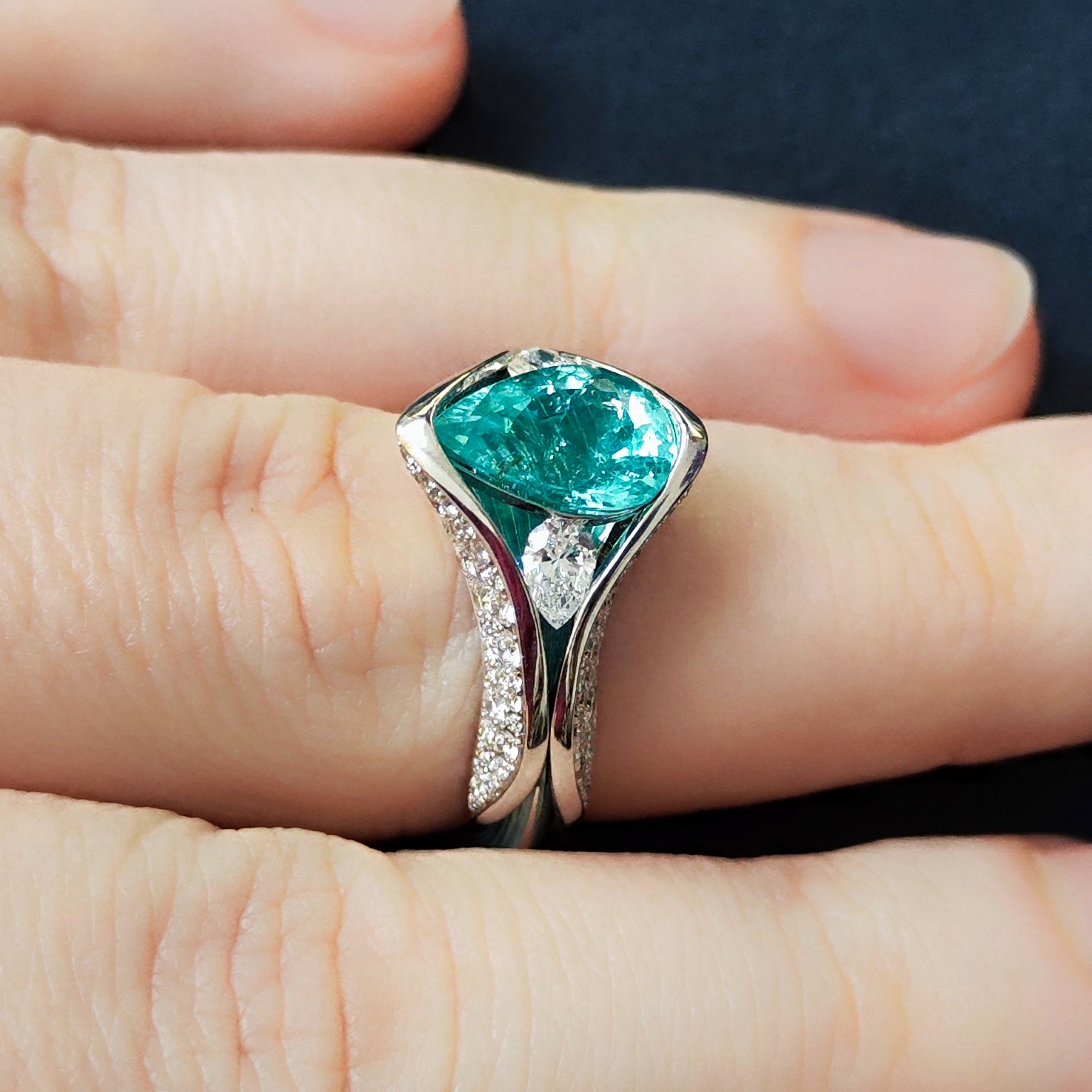 R 0127-3 18K White Gold, Enamel, Paraiba Tourmaline, Diamonds Ring