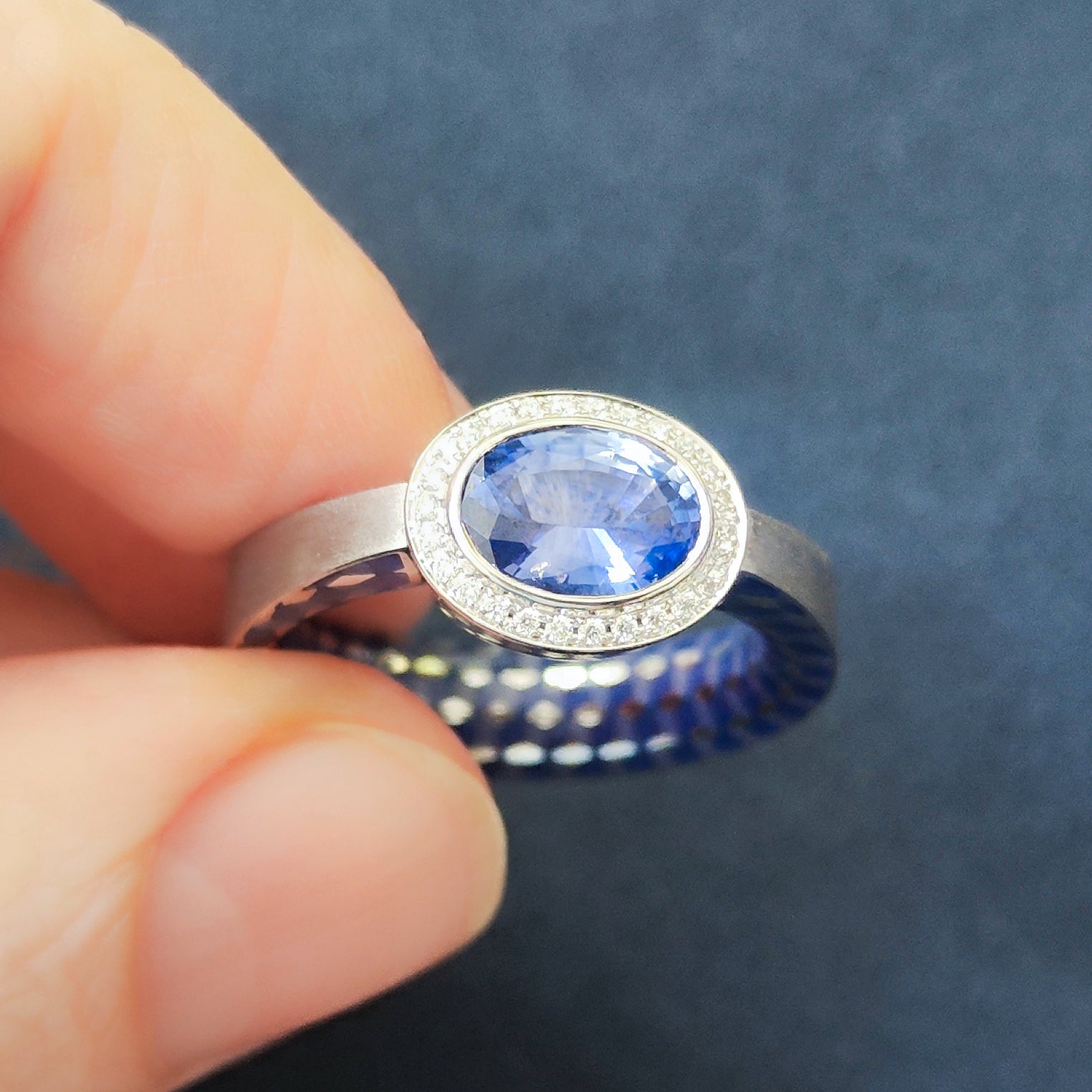 18K White Gold, Sapphire, Diamonds Enamel Ring