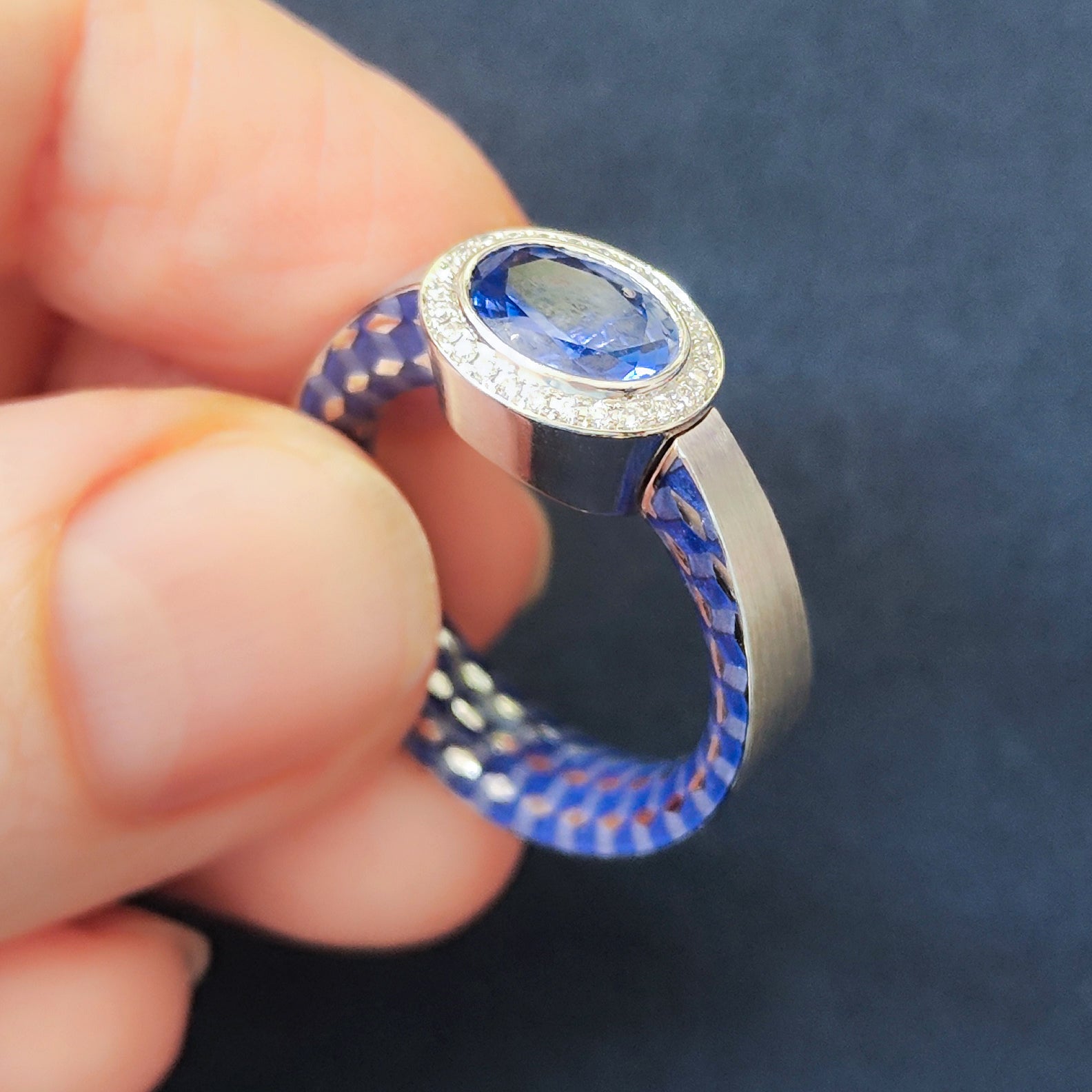 18K White Gold, Sapphire, Diamonds Enamel Ring