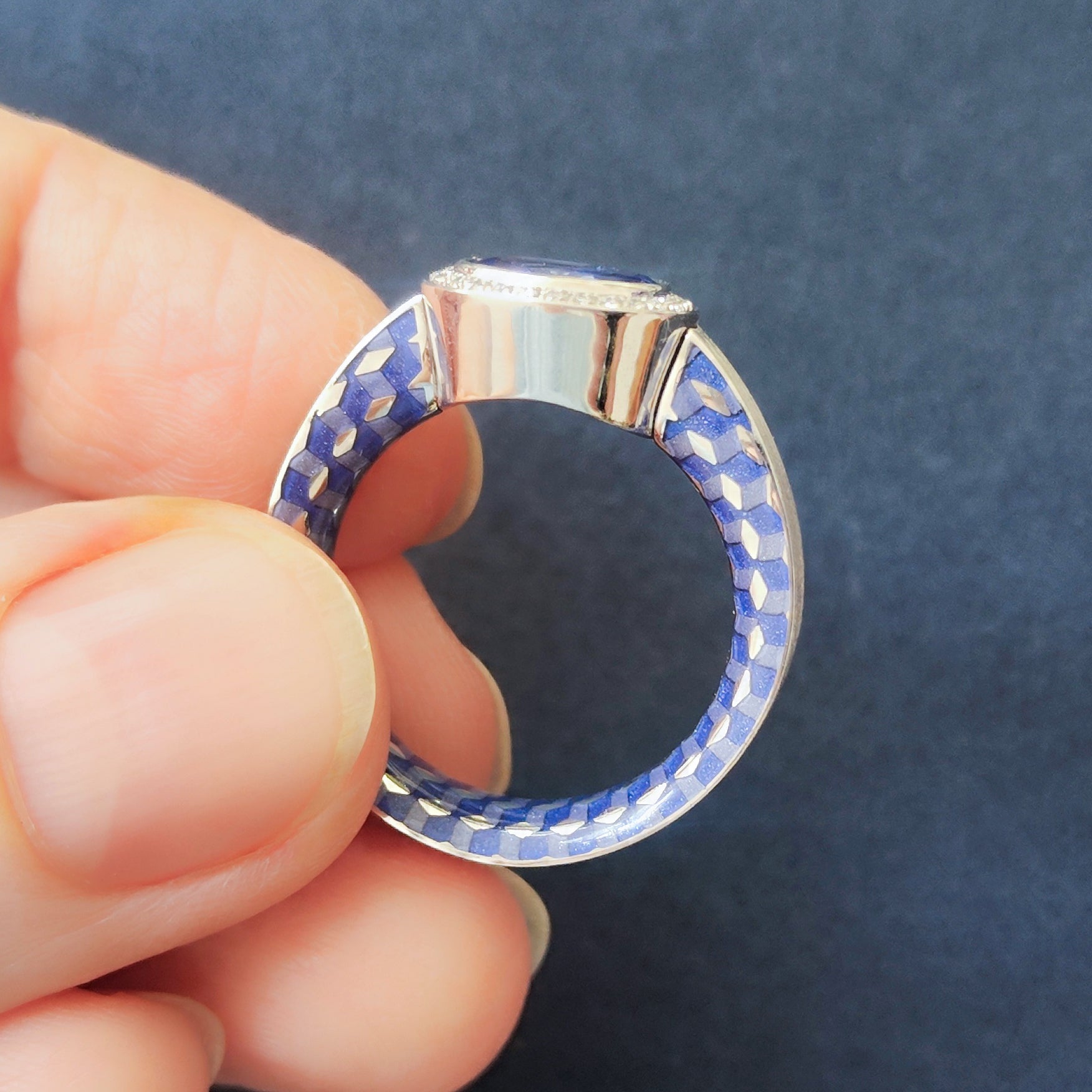 18K White Gold, Sapphire, Diamonds Enamel Ring