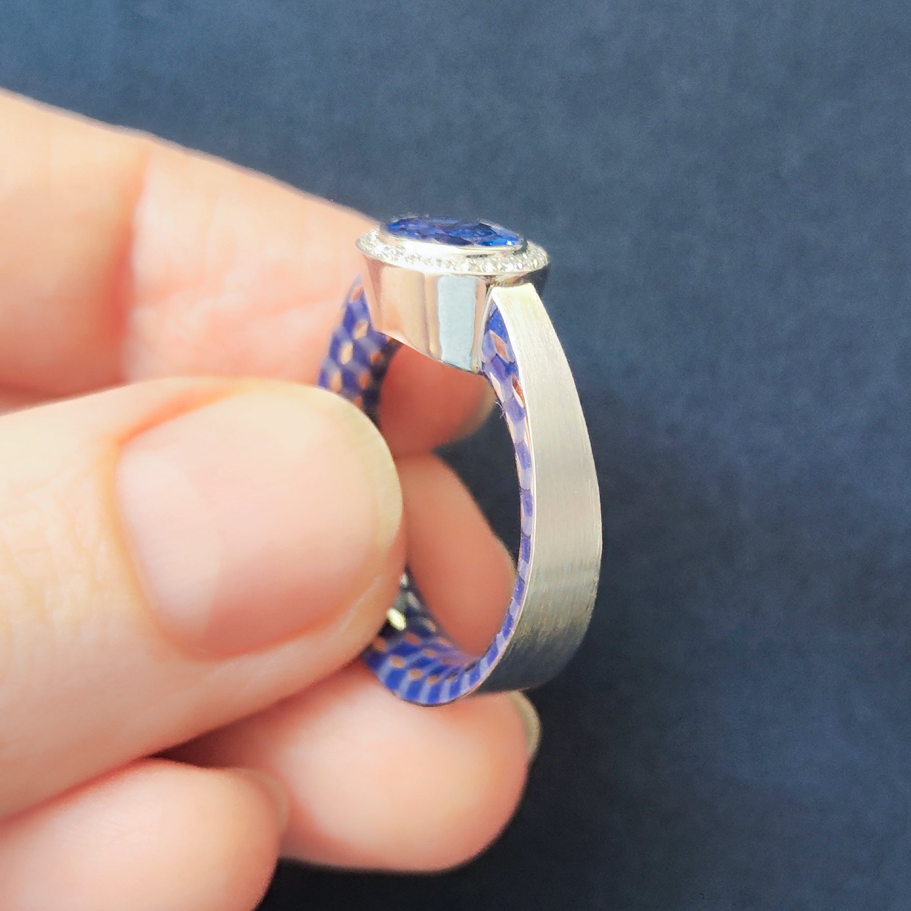 18K White Gold, Sapphire, Diamonds Enamel Ring