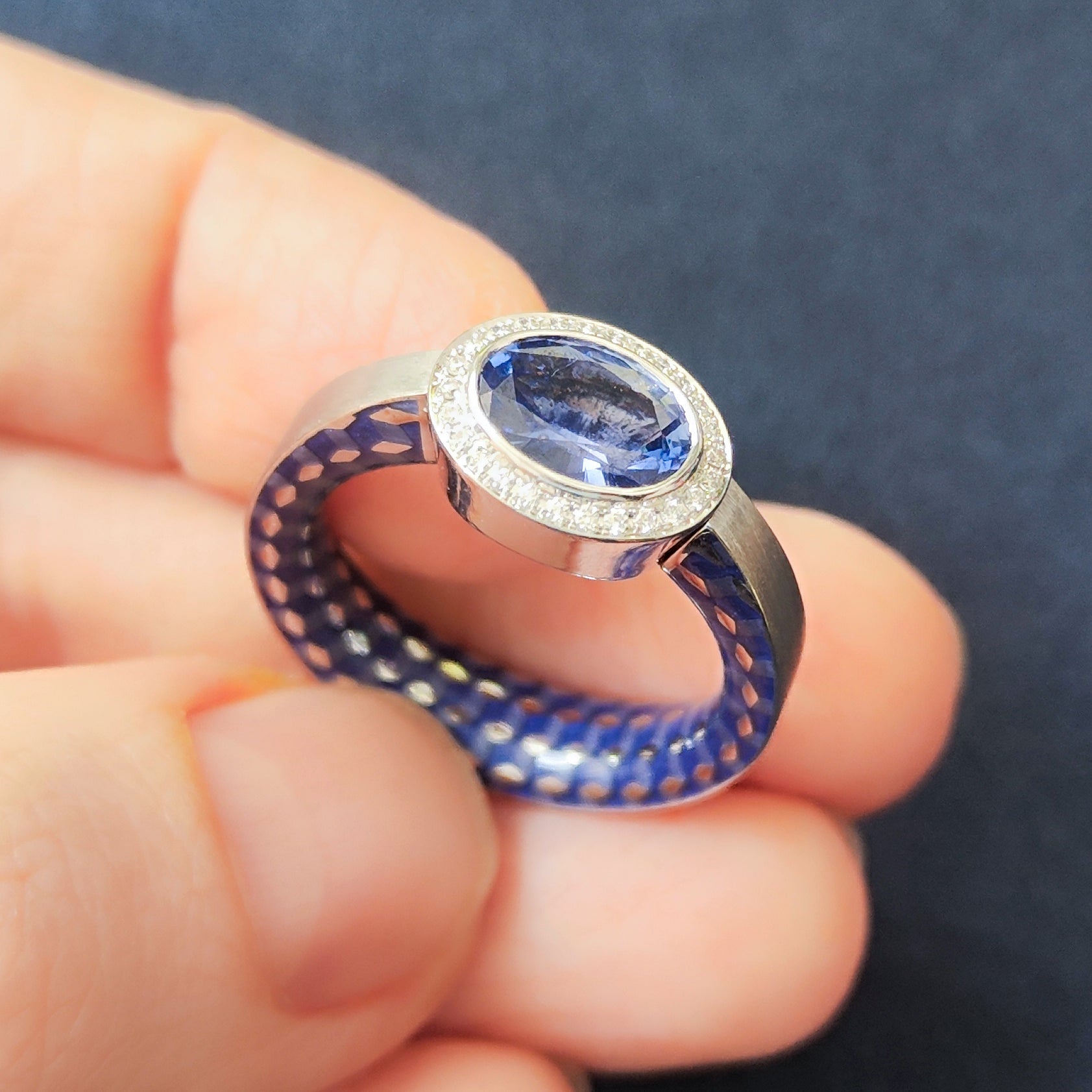 18K White Gold, Sapphire, Diamonds Enamel Ring