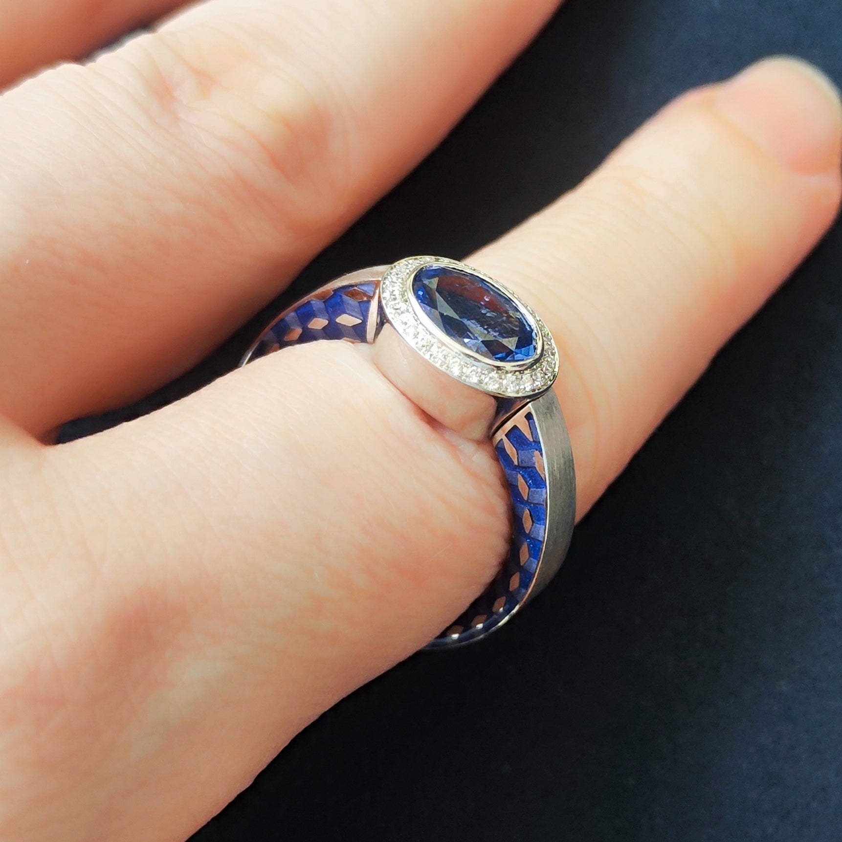 18K White Gold, Sapphire, Diamonds Enamel Ring