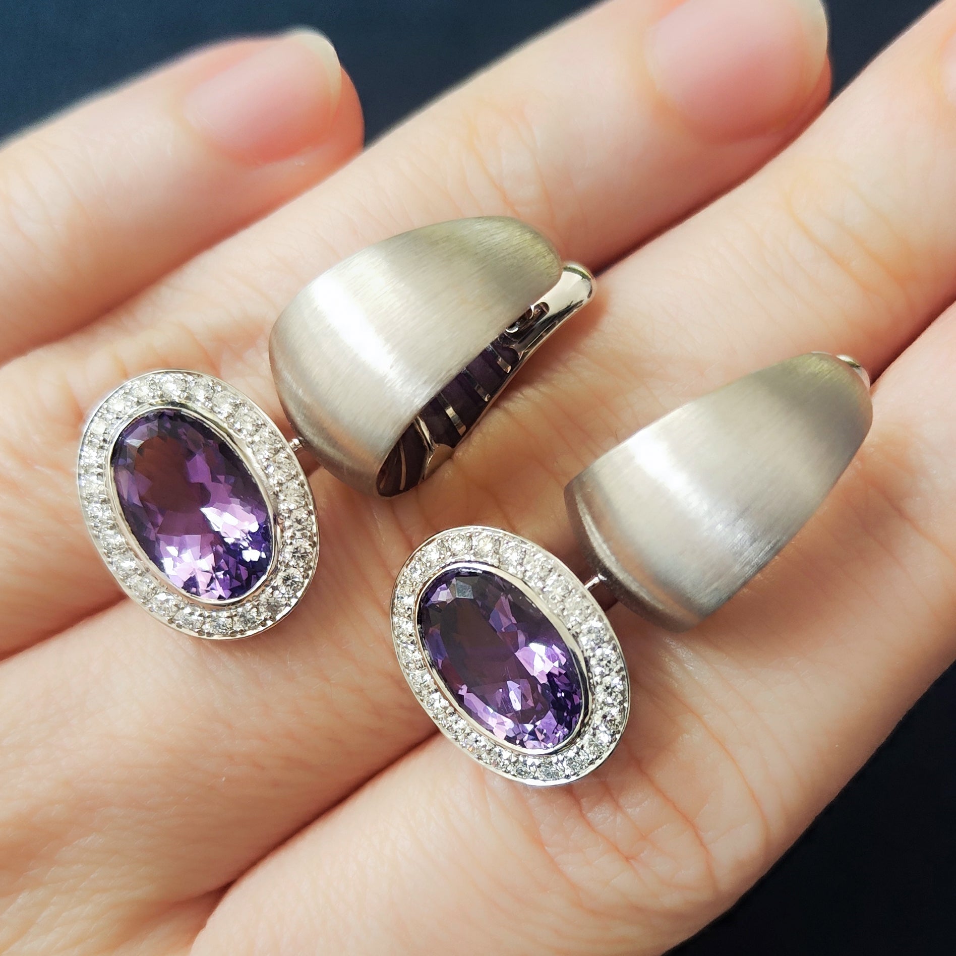 Enamel, Amethyst, Diamonds 18K White Gold Earrings, E 0178-61