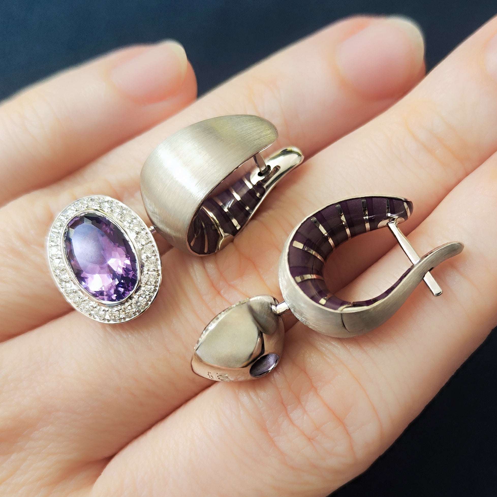 Enamel, Amethyst, Diamonds 18K White Gold Earrings, E 0178-61