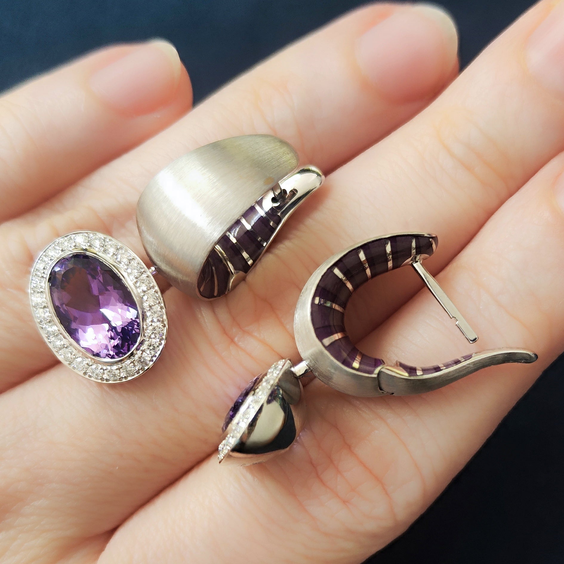 Enamel, Amethyst, Diamonds 18K White Gold Earrings, E 0178-61