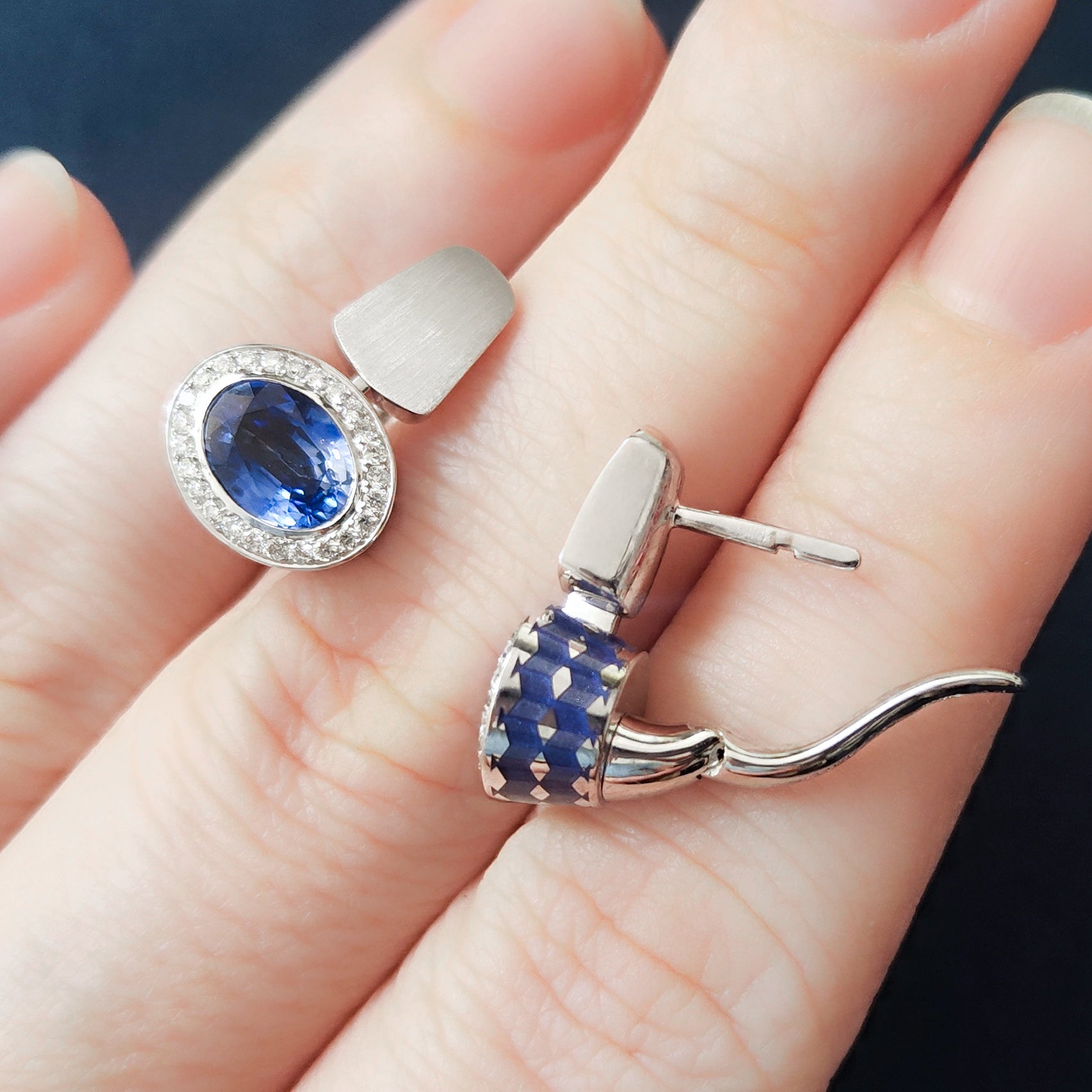 Enamel, Sapphire, Diamonds 18K White Gold Earrings, E 0177-70
