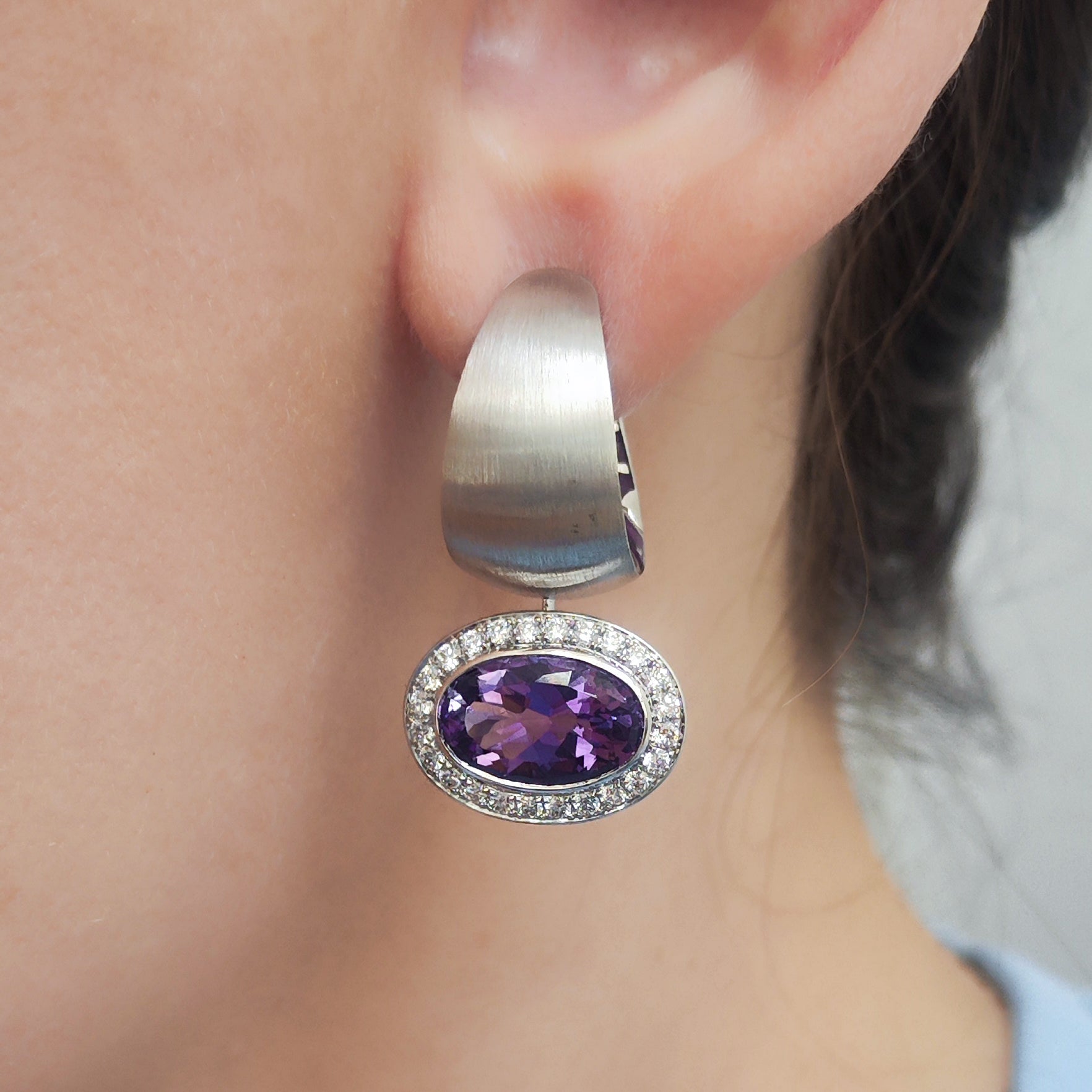 Enamel, Amethyst, Diamonds 18K White Gold Earrings, E 0178-61