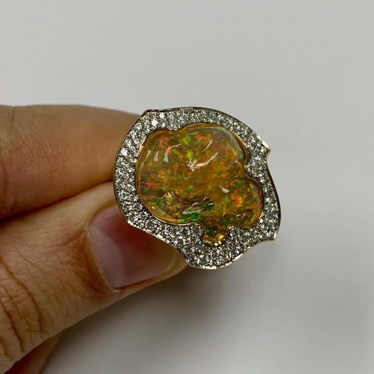 Mexican Fire Opal, Diamonds Ring 18K Yellow Gold, R 0029-16/1