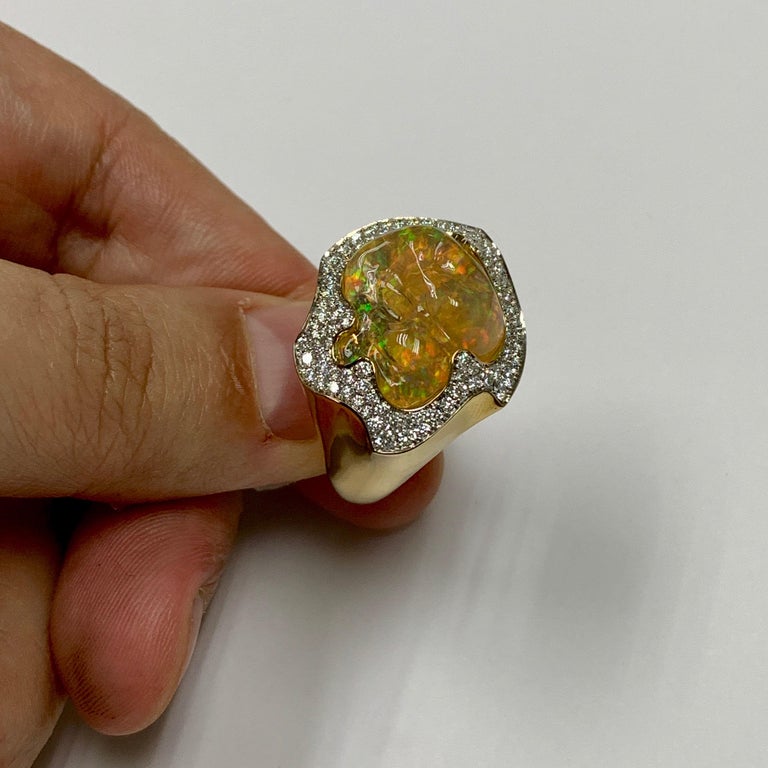 Mexican Fire Opal, Diamonds Ring 18K Yellow Gold, R 0029-16/1