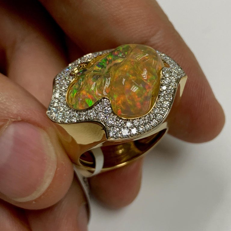 Mexican Fire Opal, Diamonds Ring 18K Yellow Gold, R 0029-16/1