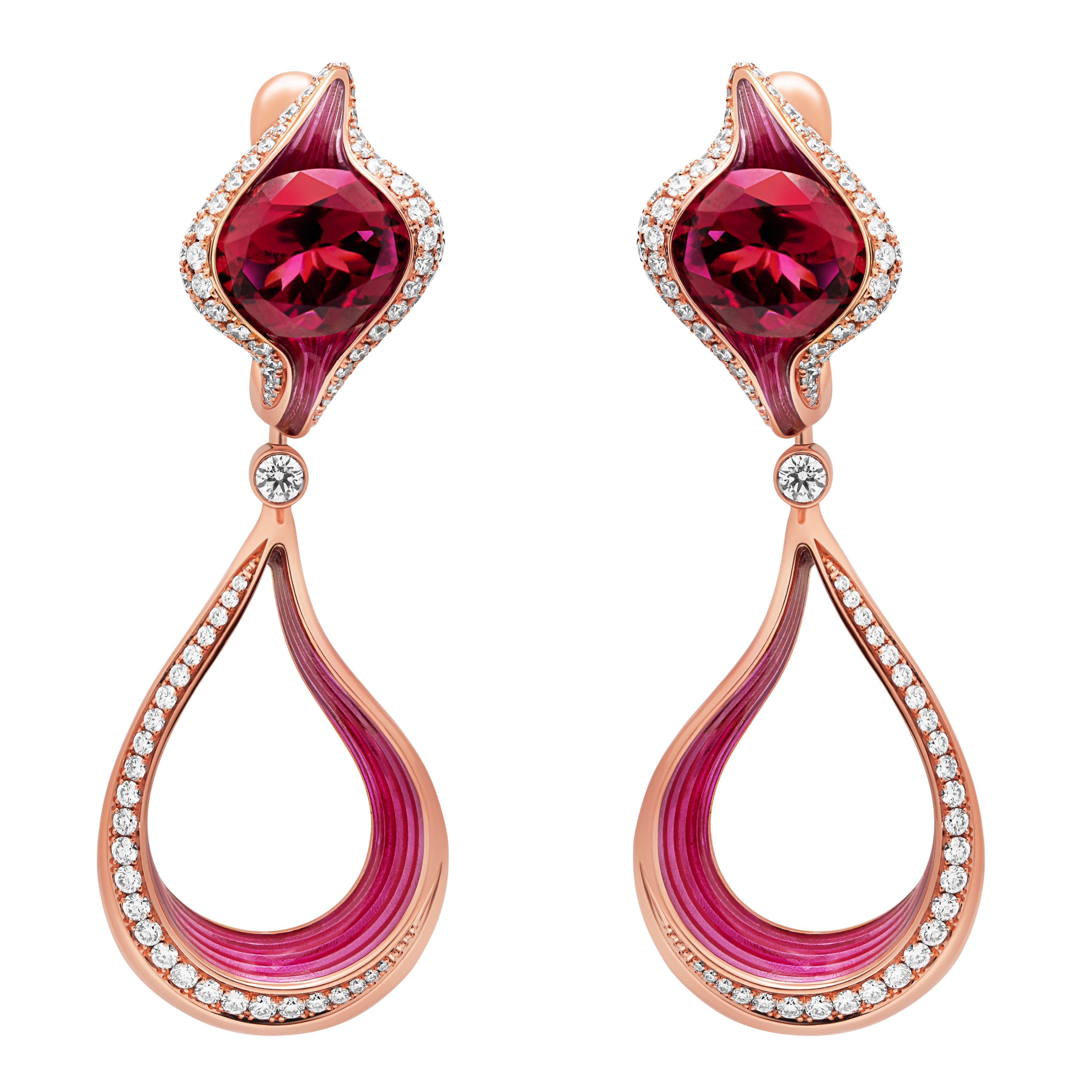 Enamel, Pink Tourmaline, Diamonds 18K Rose Gold Earrings, E 0123-04