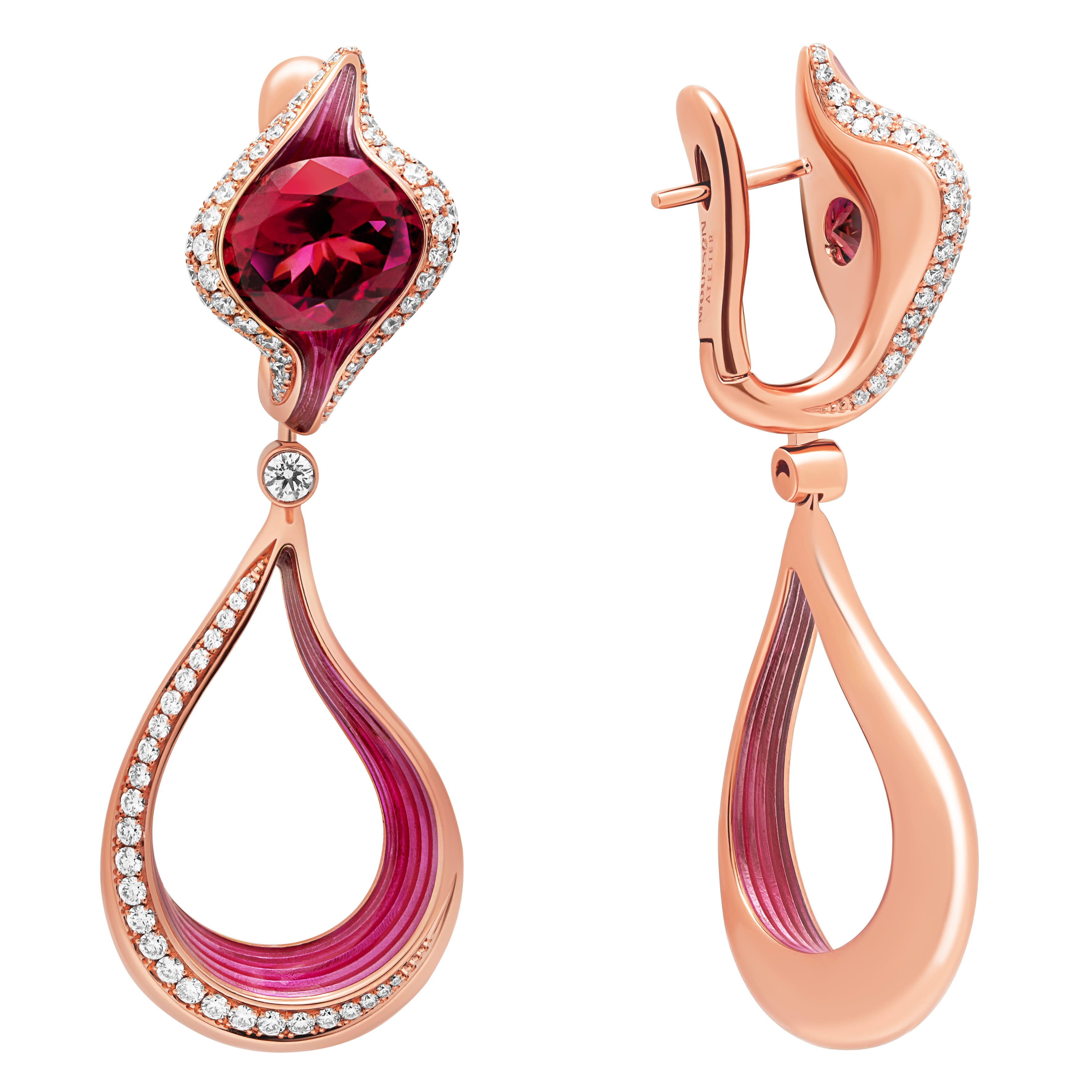 Enamel, Pink Tourmaline, Diamonds 18K Rose Gold Earrings, E 0123-04