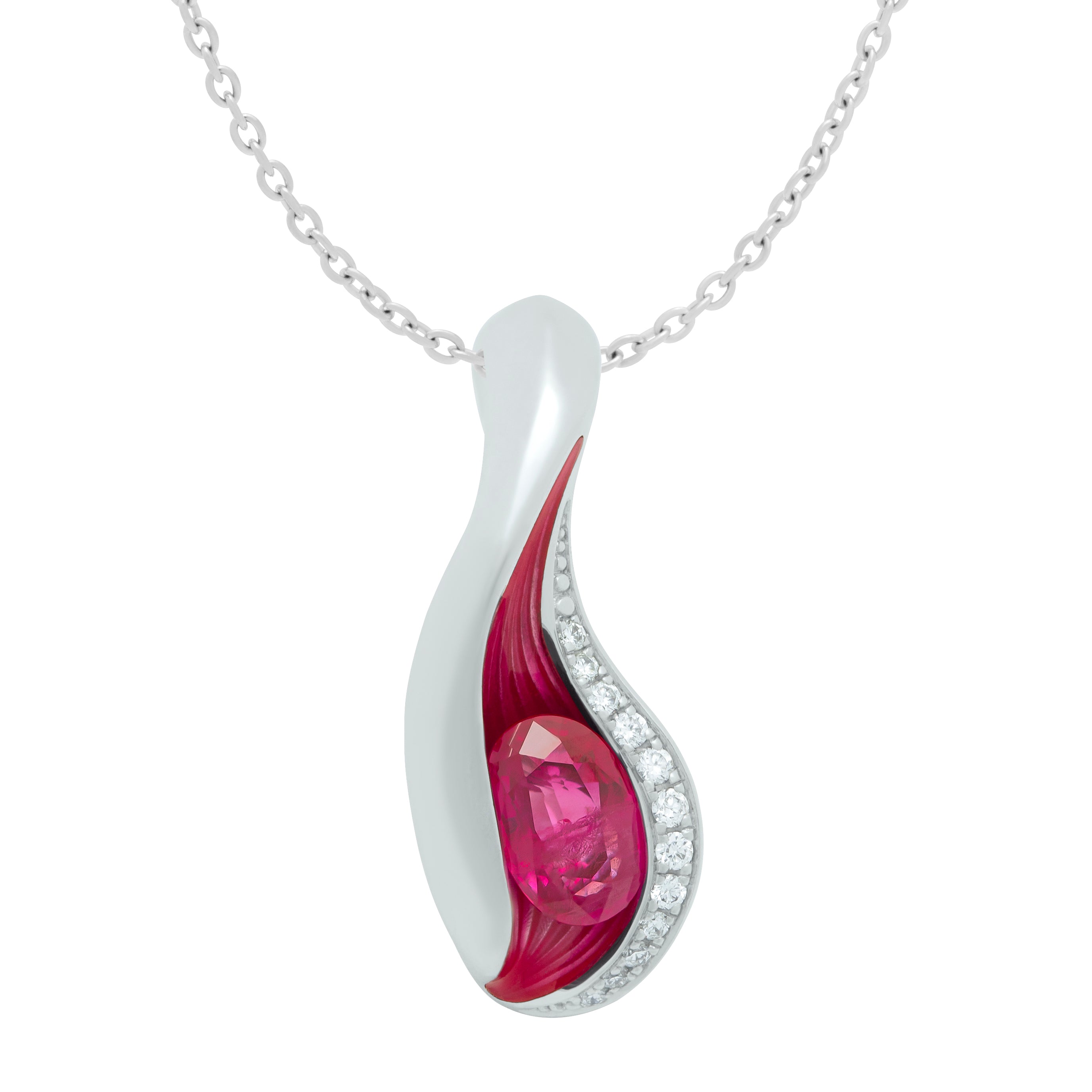 Ruby, Diamonds, Enamel 18K White Gold, Pendant, P 0123-6