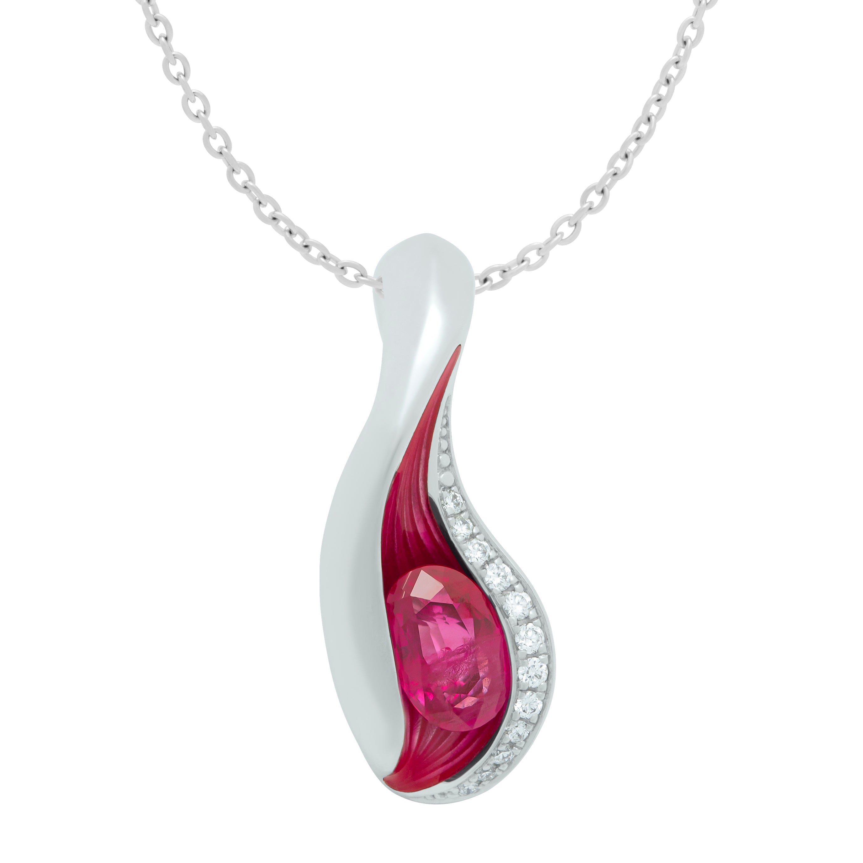 P 0123-6, 18K White Gold, Ruby, Diamonds, Enamel Pendant