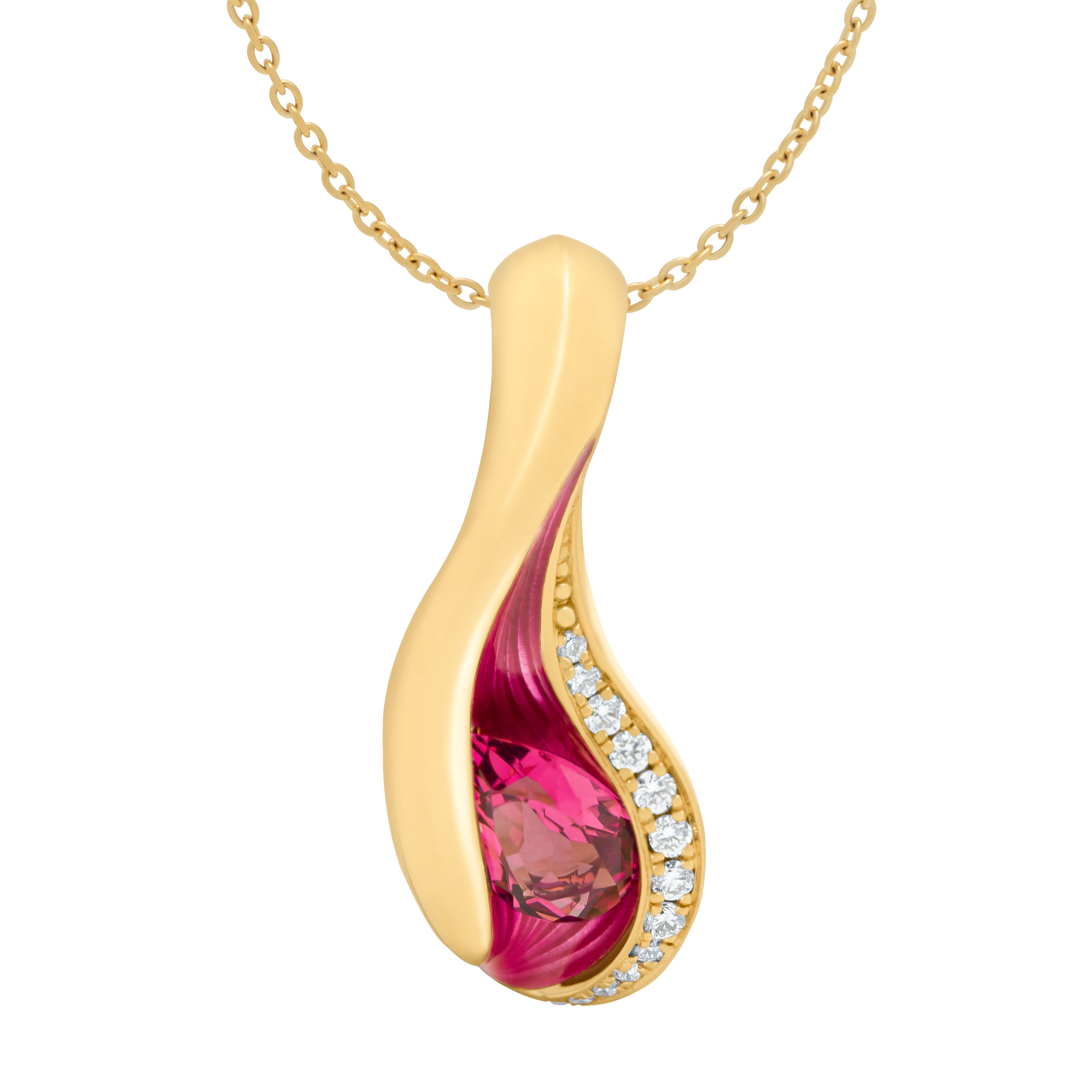 Rubellite, Diamonds, Enamel 18K Yellow Gold Pendant, P 0123-7