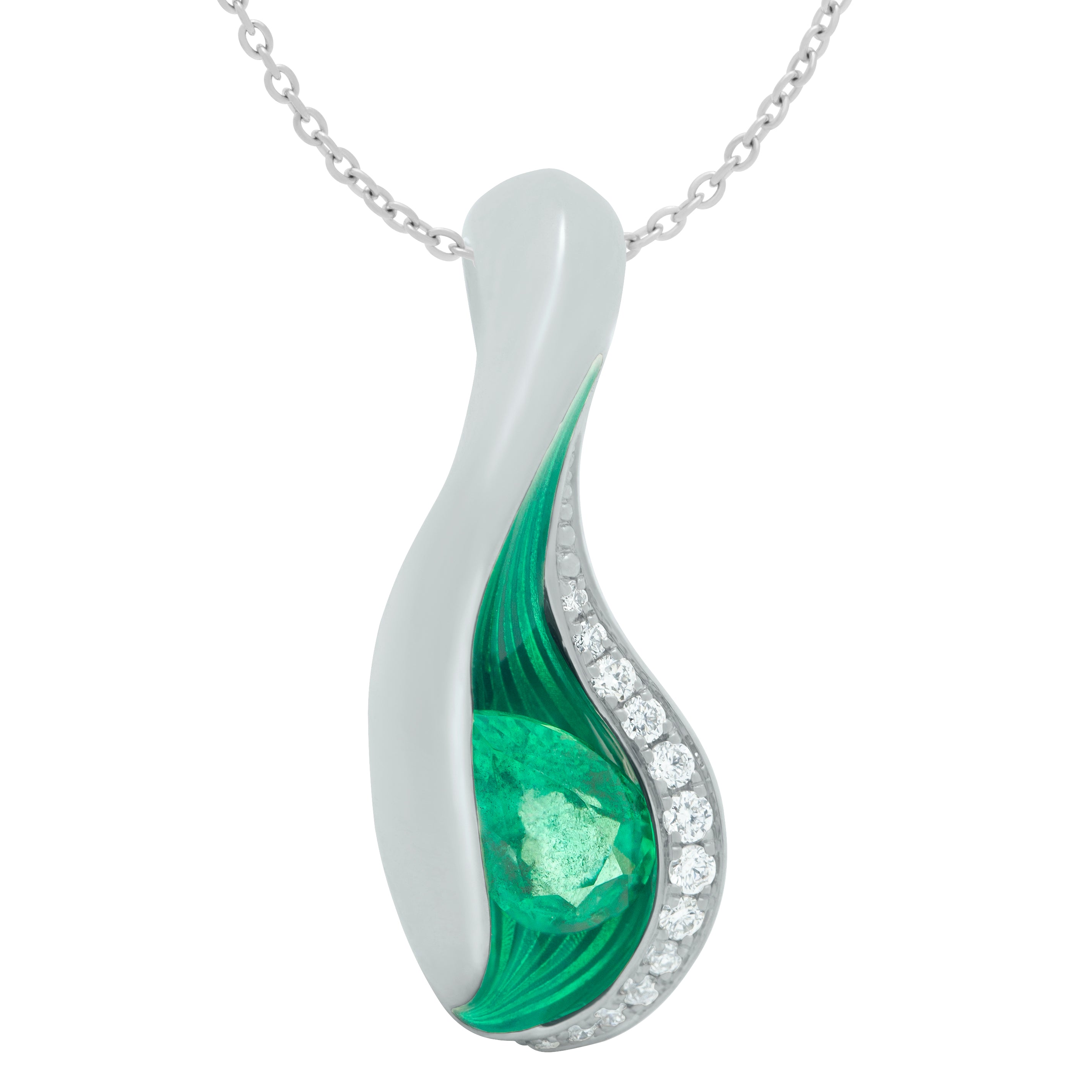 Emerald, Diamonds, Enamel 18K White Gold Pendant, P 0123-7