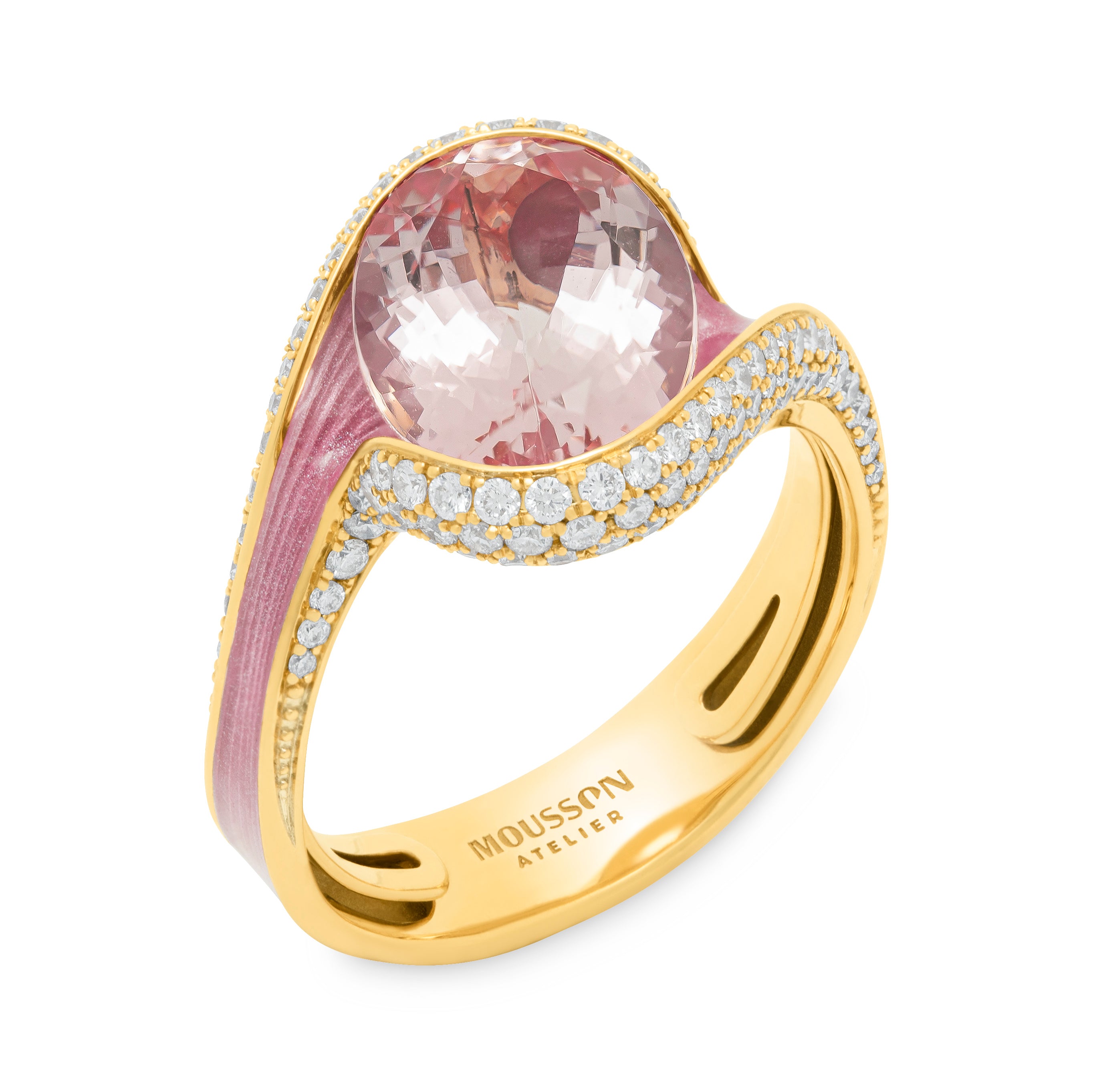 R 0123-0 18K Yellow Gold, Enamel, Morganite, Diamonds Ring
