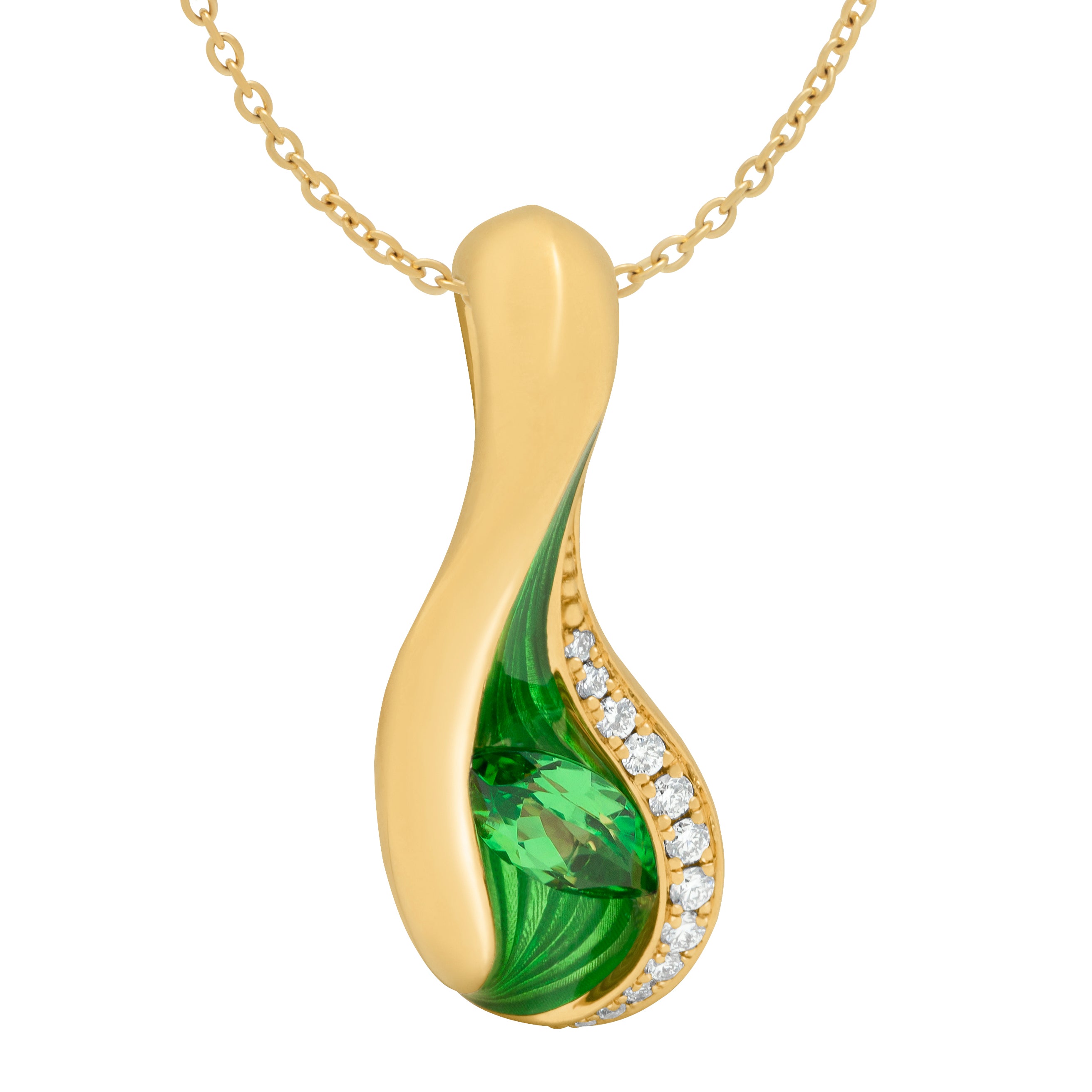 Tsavorite Garnet, Diamonds, Enamel 18K Yellow Gold Pendant, P 0123-8