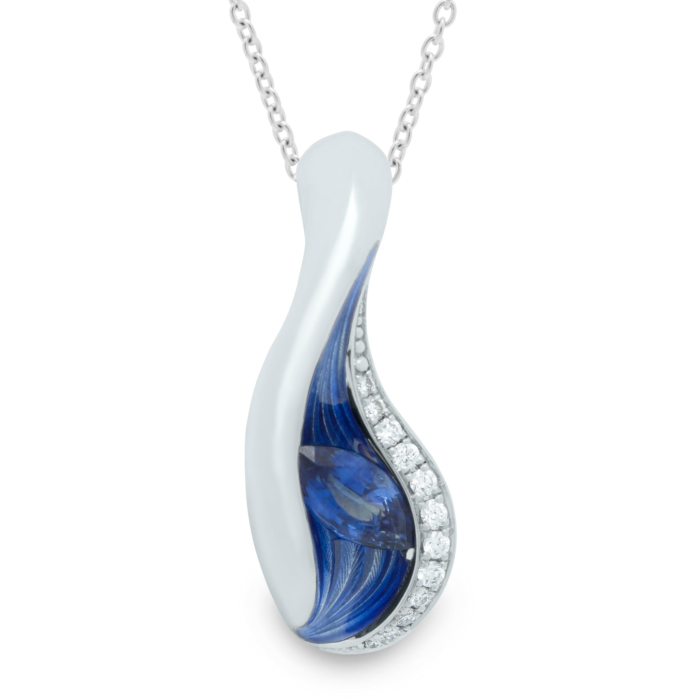 Blue Sapphire, Diamonds, Enamel 18K White Gold Pendant, P 0123-8