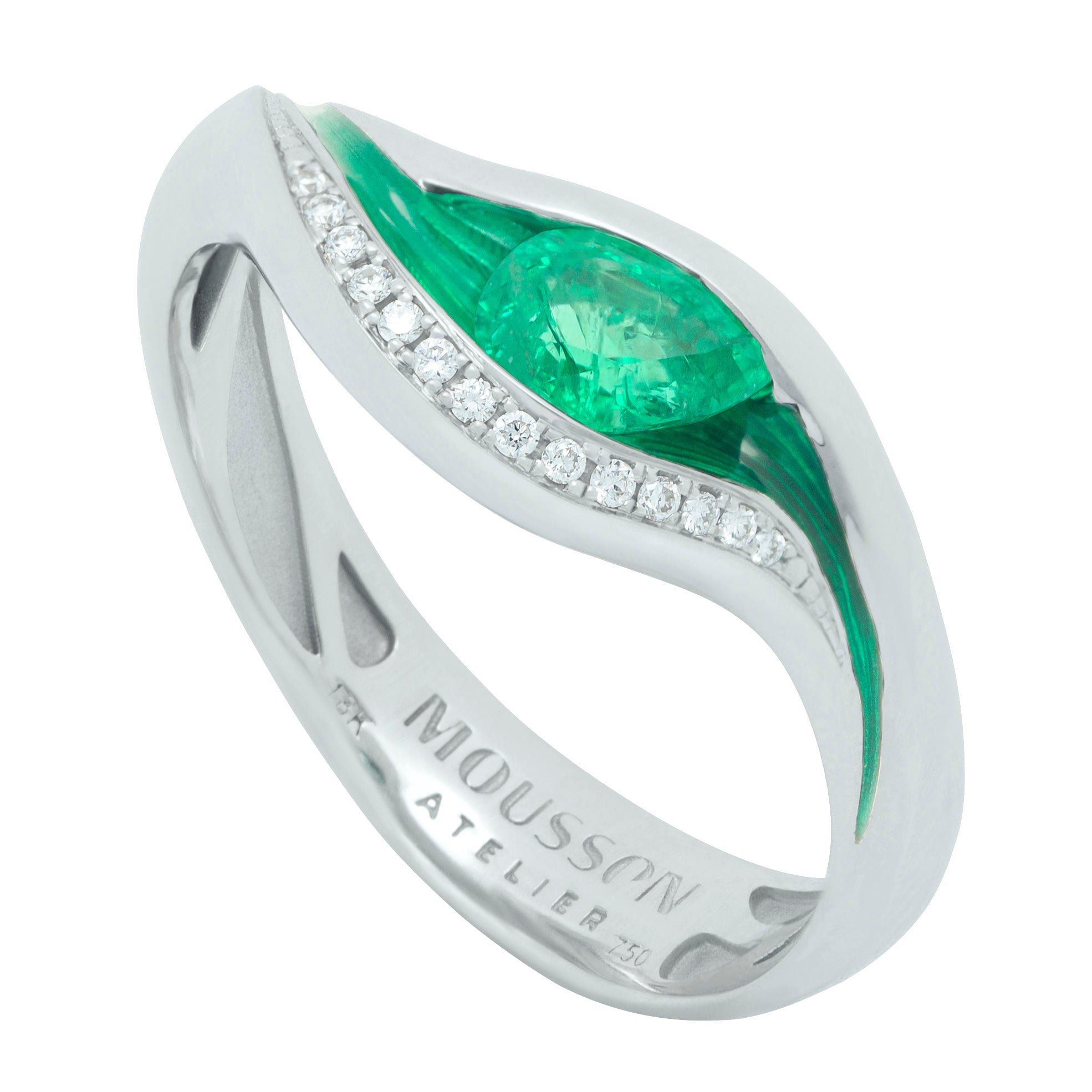 Enamel, Emerald, Diamonds 18K White Gold Ring, R 0123-7