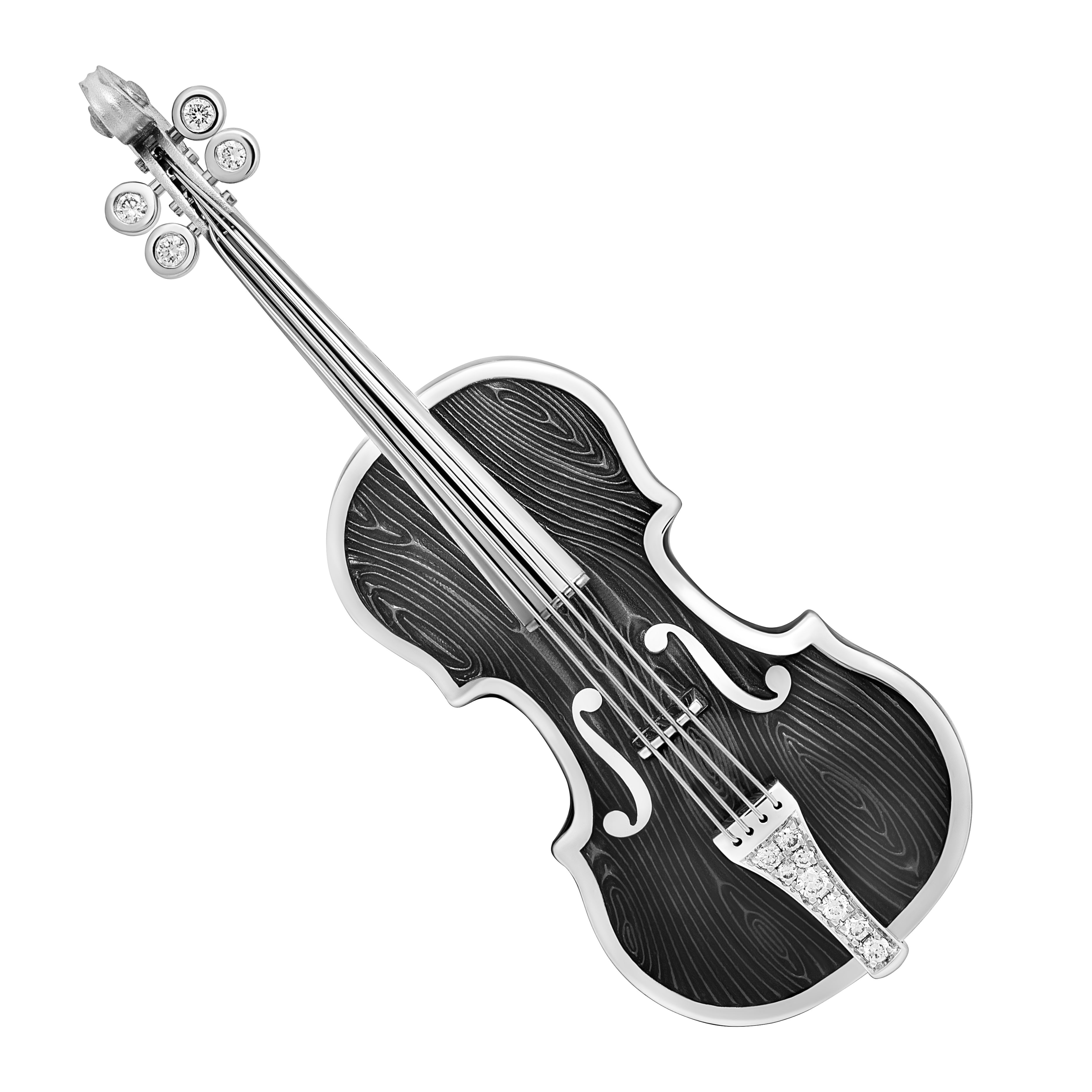 Enamel, Diamonds 18K White Gold Violin Brooch, Brs 0267-0