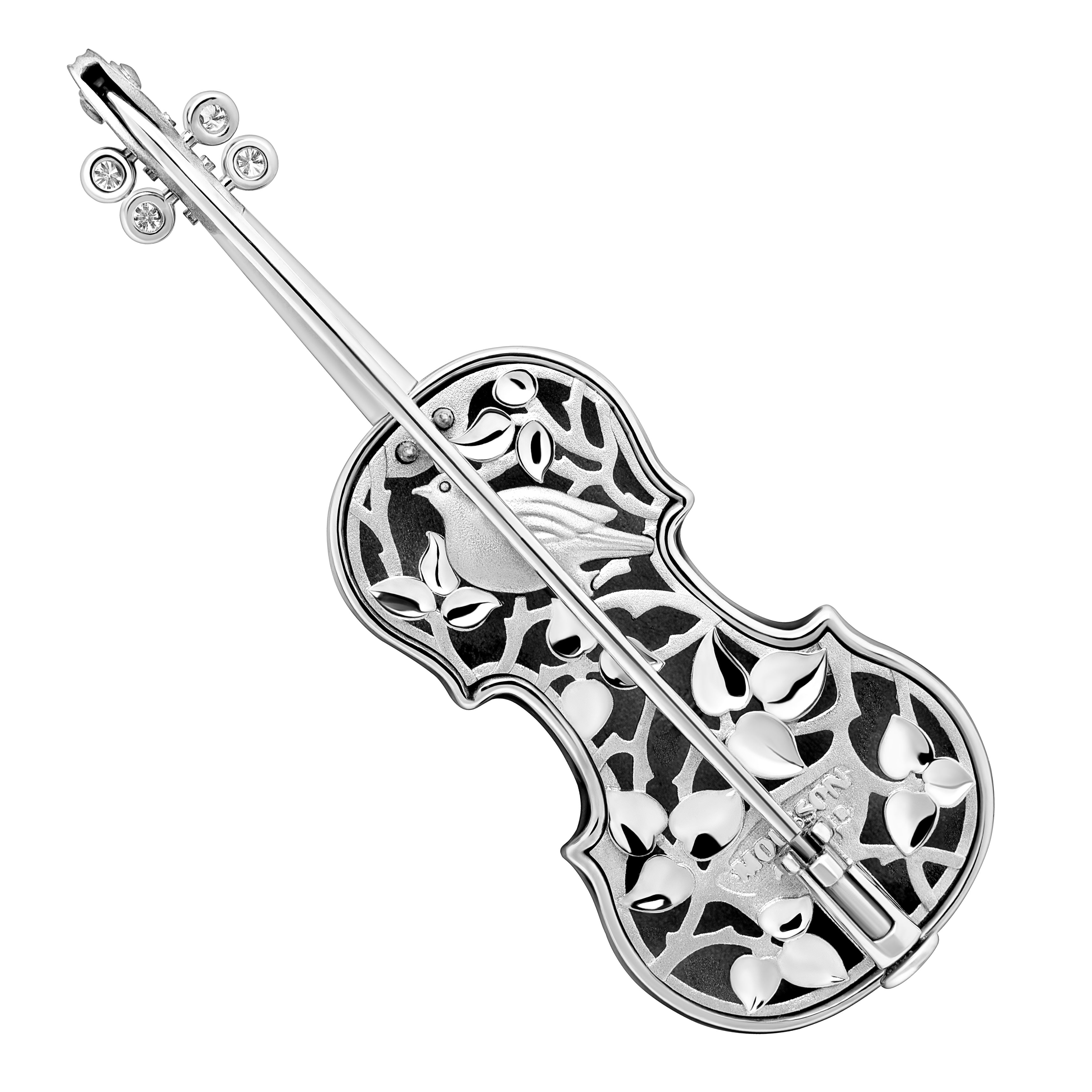 Enamel, Diamonds 18K White Gold Violin Brooch, Brs 0267-0