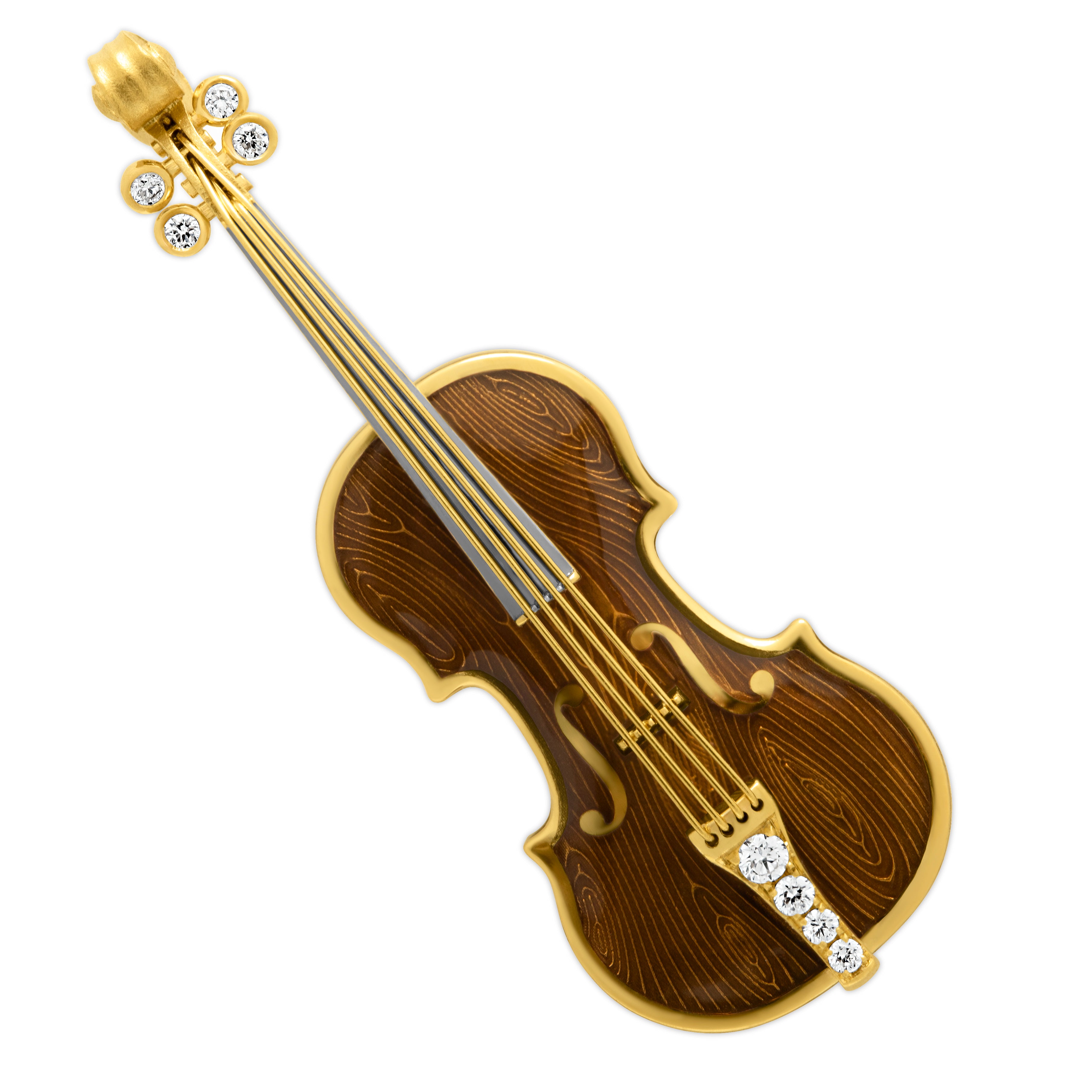 Brs 0267-10, 18K Yellow Gold, Enamel, Diamonds Mini Violin Brown Brooch
