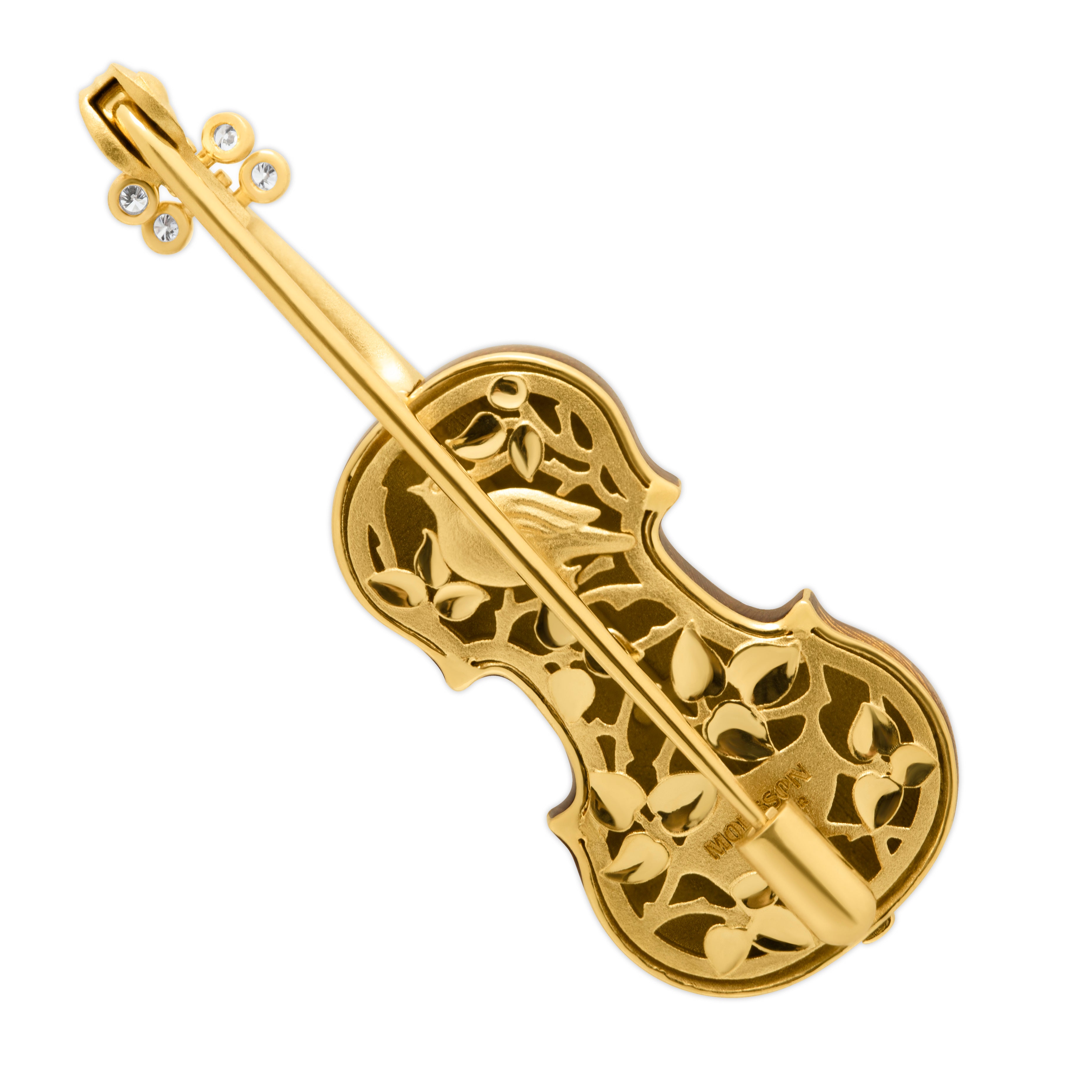 Brs 0267-10, 18K Yellow Gold, Enamel, Diamonds Mini Violin Brown Brooch