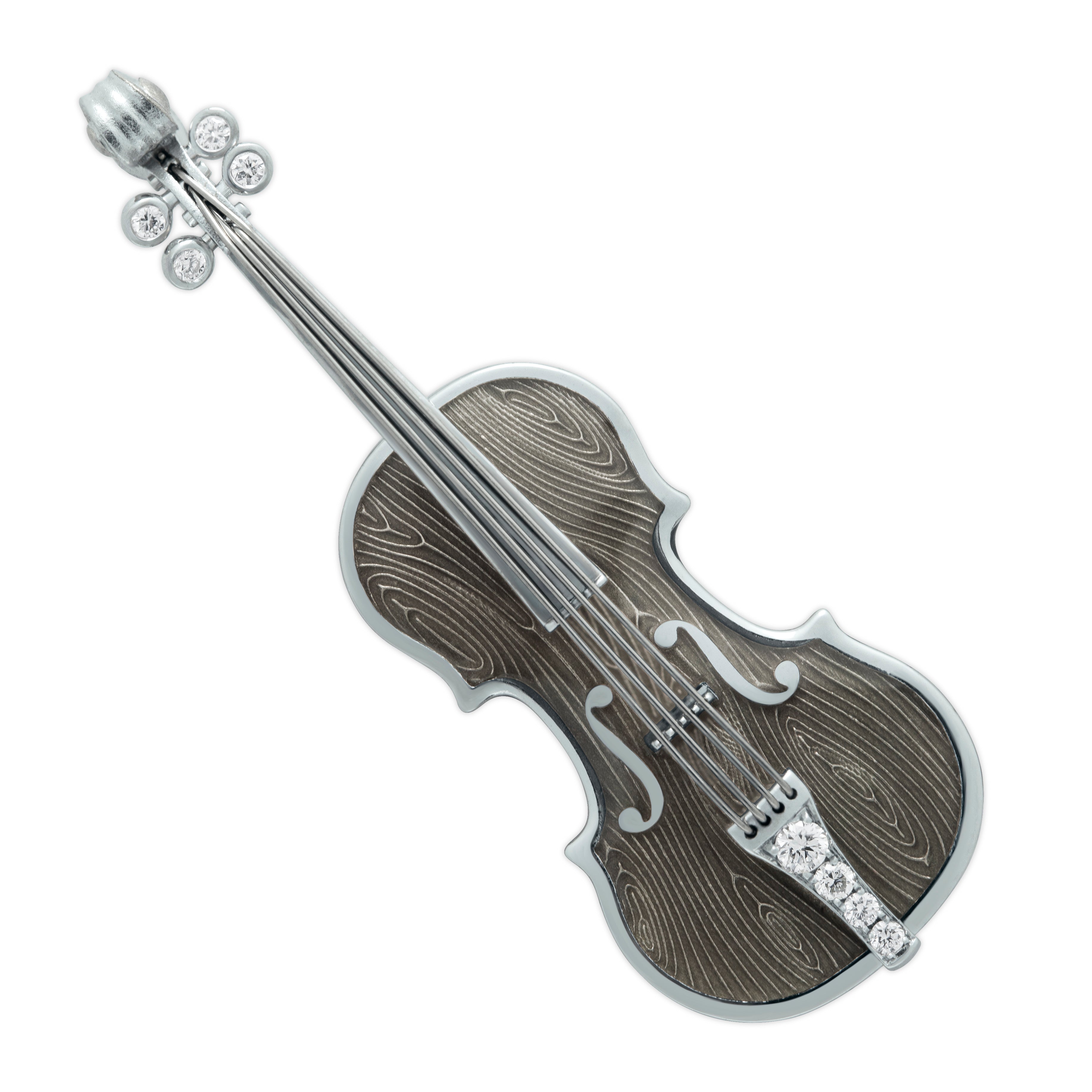 Brs 0267-10, 18K White Gold, Enamel, Diamonds Mini Violin Brooch