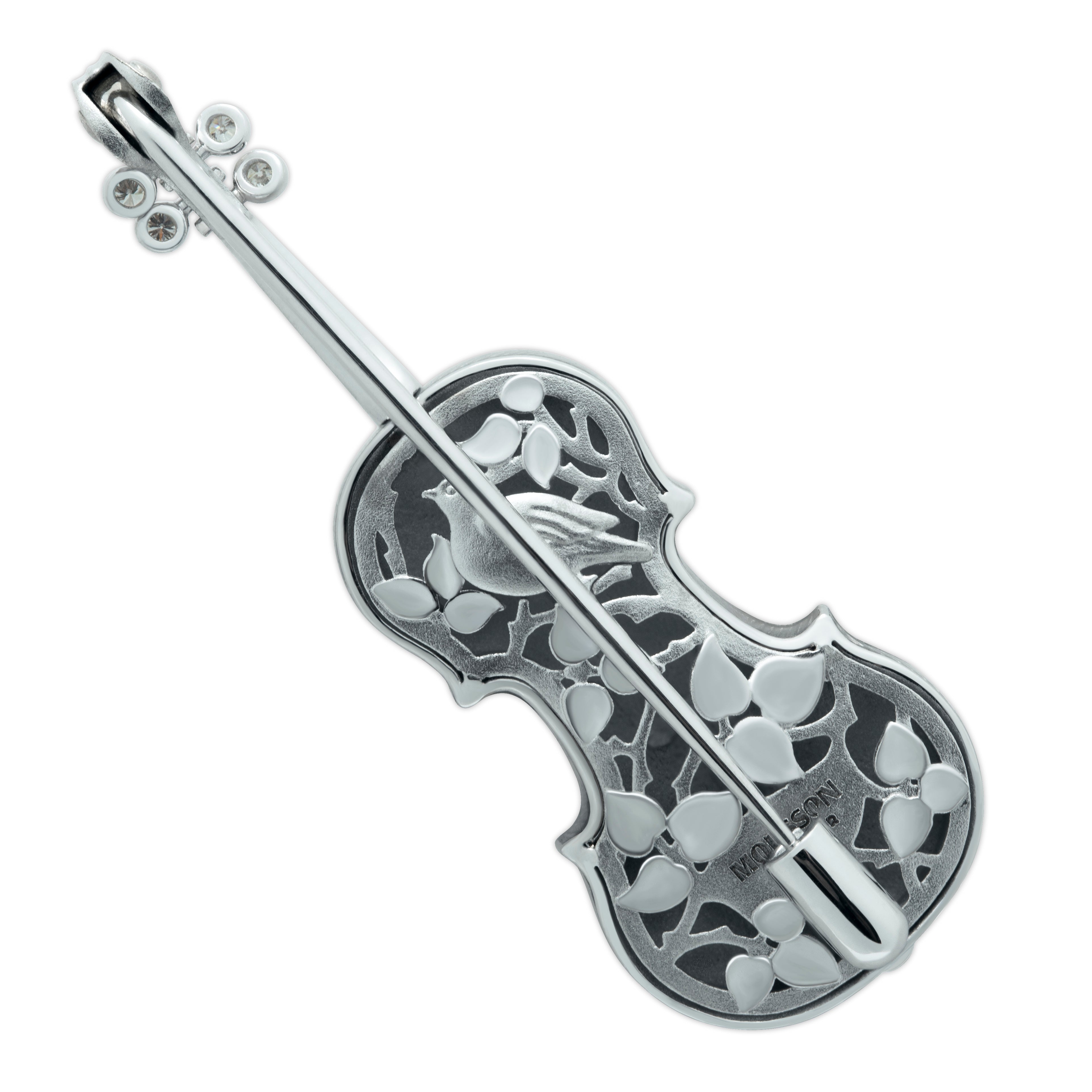 Brs 0267-10, 18K White Gold, Enamel, Diamonds Mini Violin Brooch