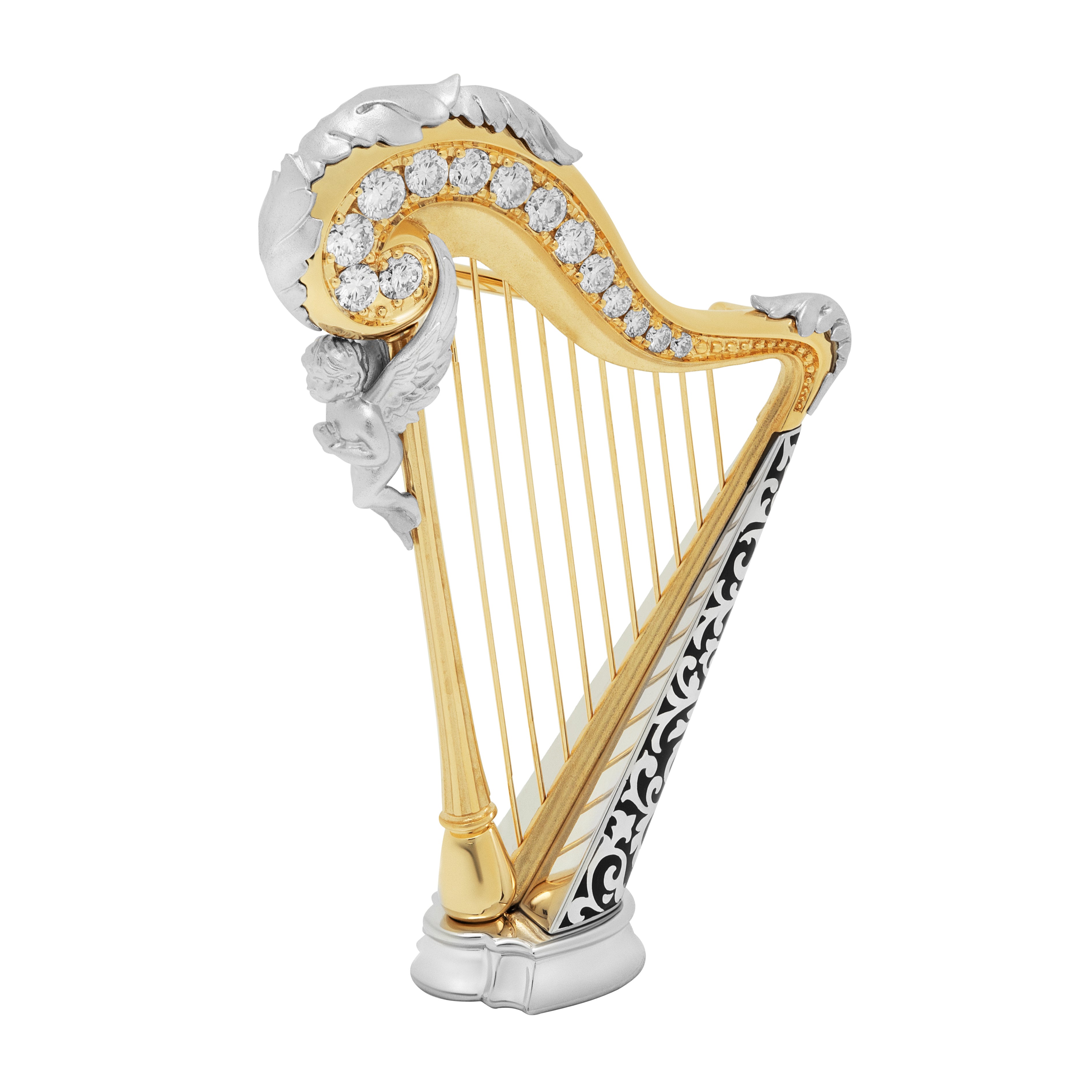 Brs 0267-3, 18K White Yellow Gold, Enamel, Diamonds Harp Brooch