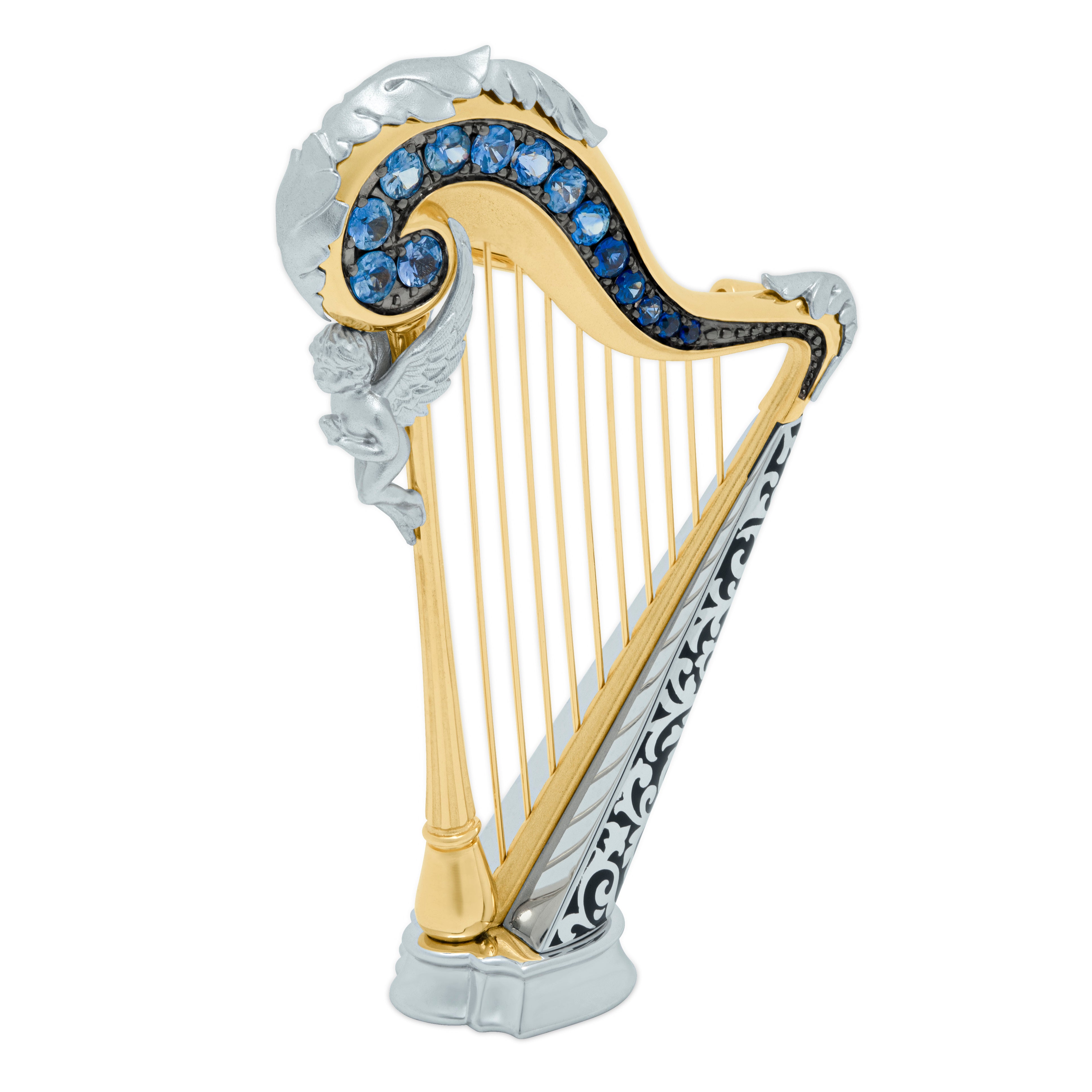 Brs 0267-3, 18K White Yellow Gold, Enamel, Sapphire Harp Brooch