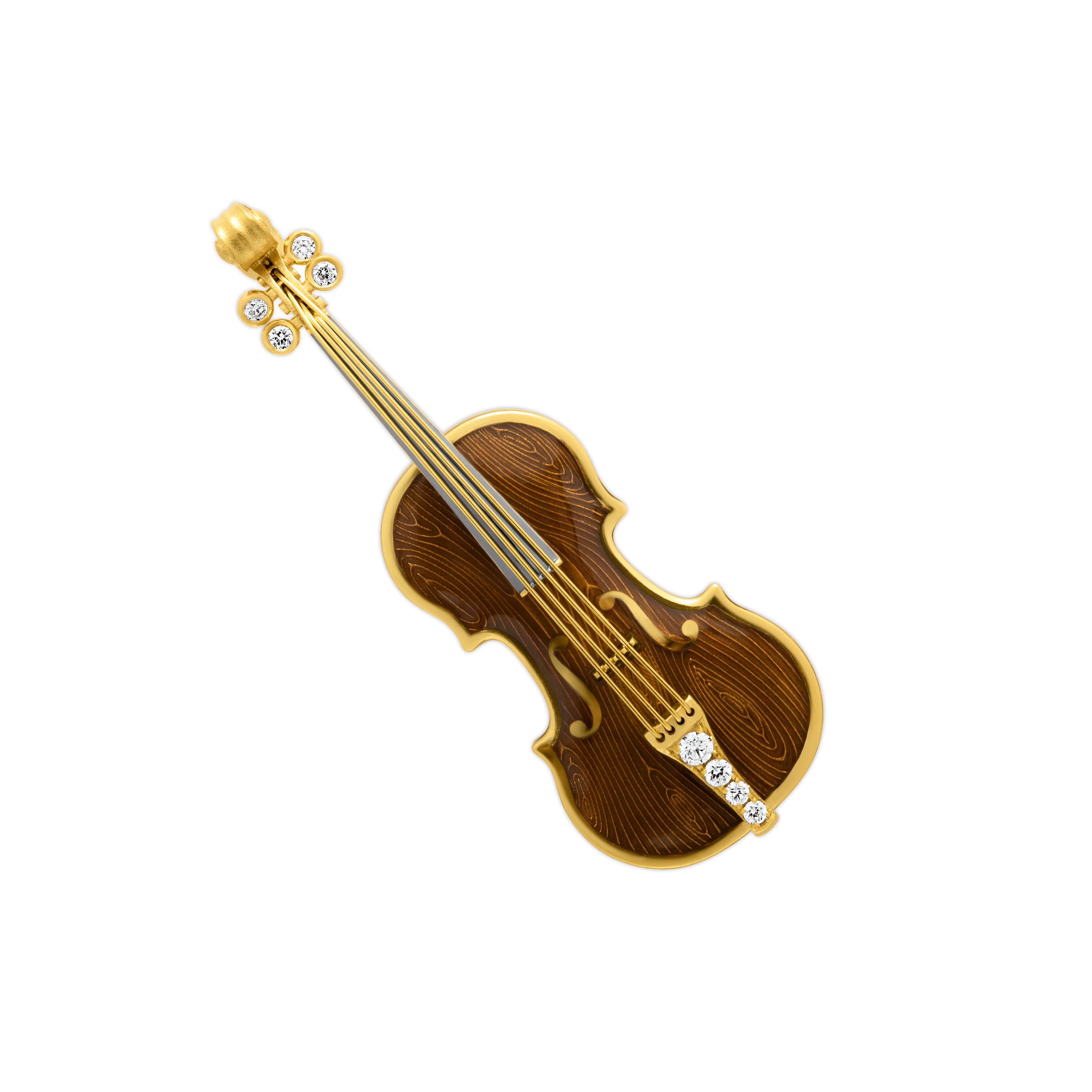Enamel, Diamonds 18K Yellow Gold Mini Violin Brown Brooch, Brs 0267-10