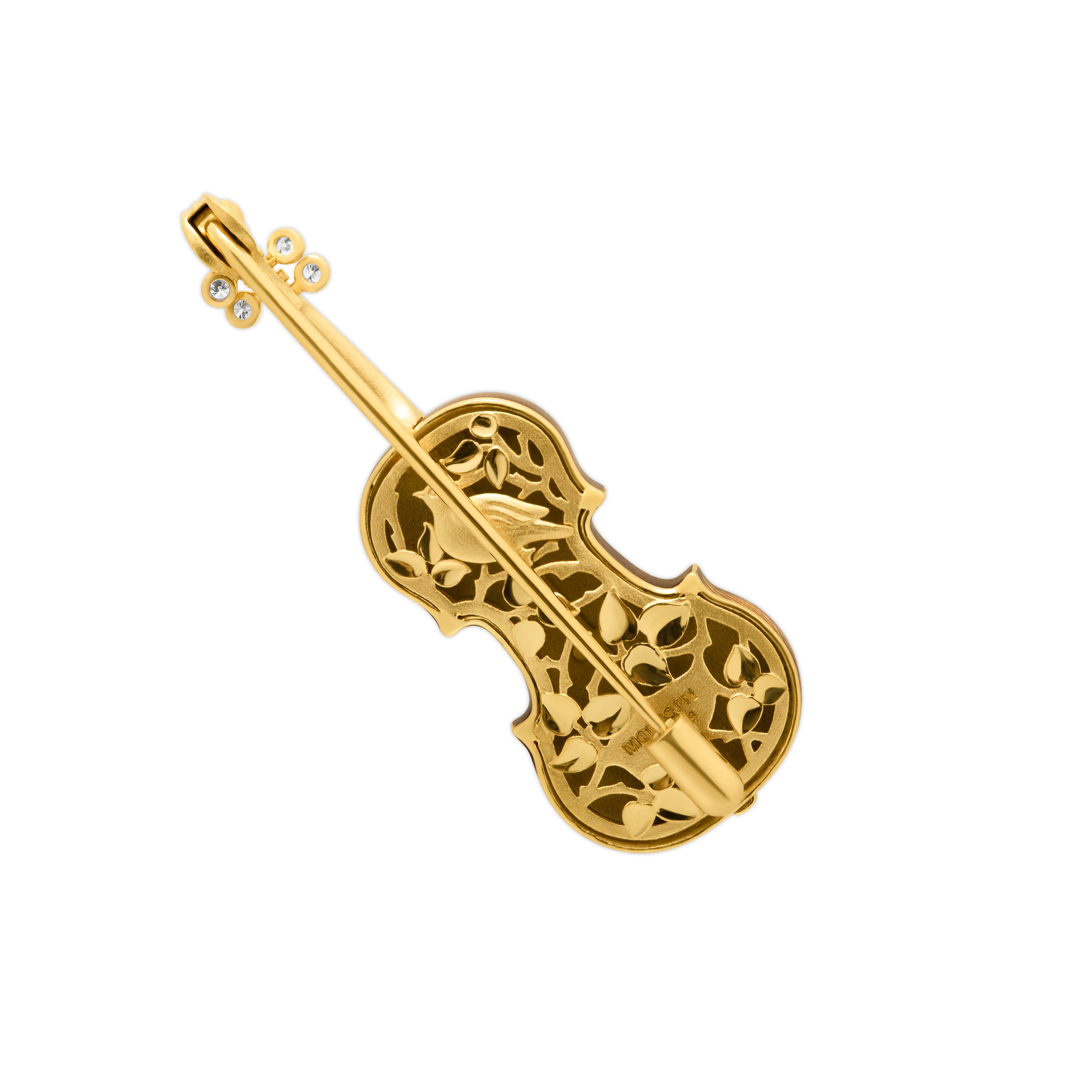 Enamel, Diamonds 18K Yellow Gold Mini Violin Brown Brooch, Brs 0267-10