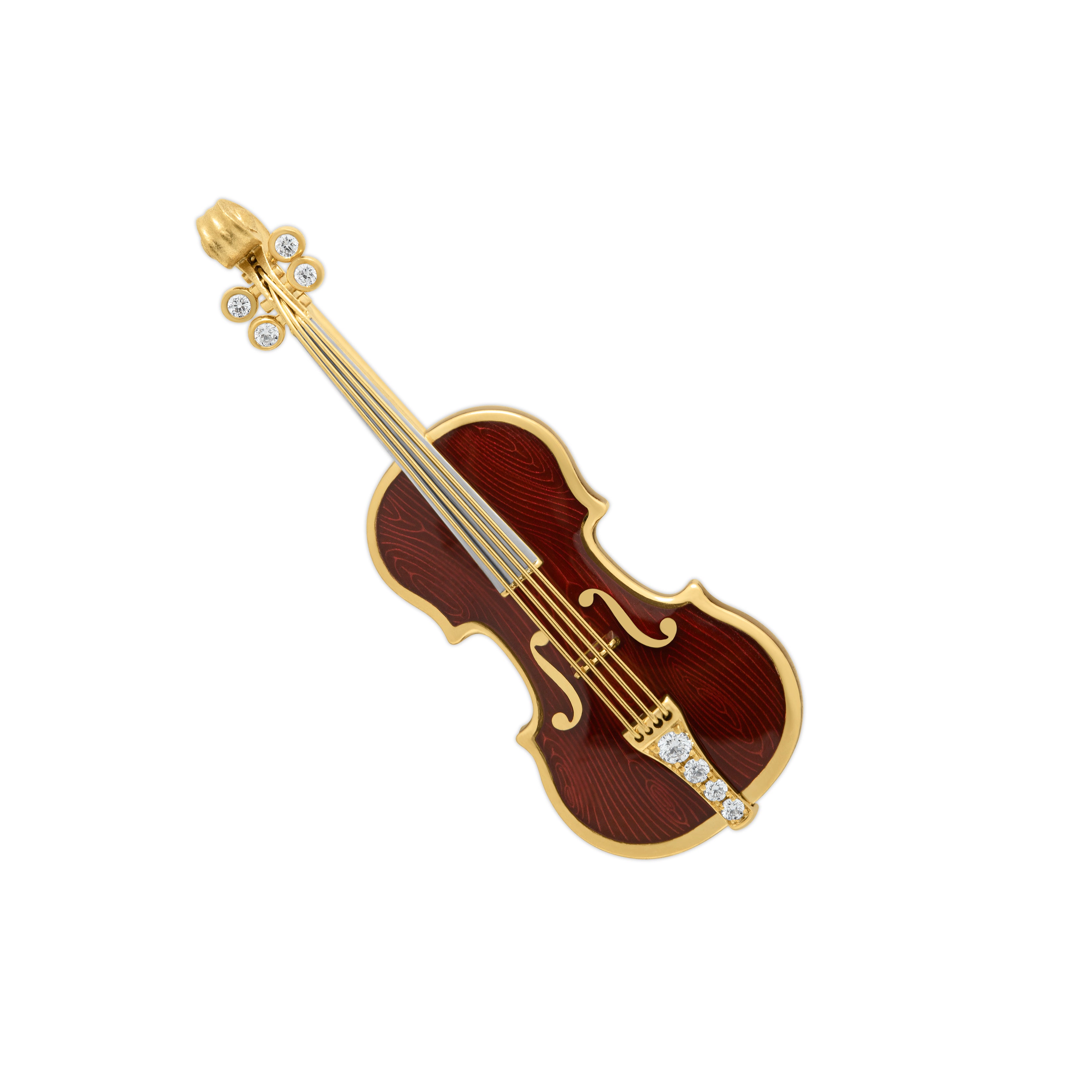 Enamel, Diamonds 18K Yellow Gold Mini Violin Brown Brooch, Brs 0267-10