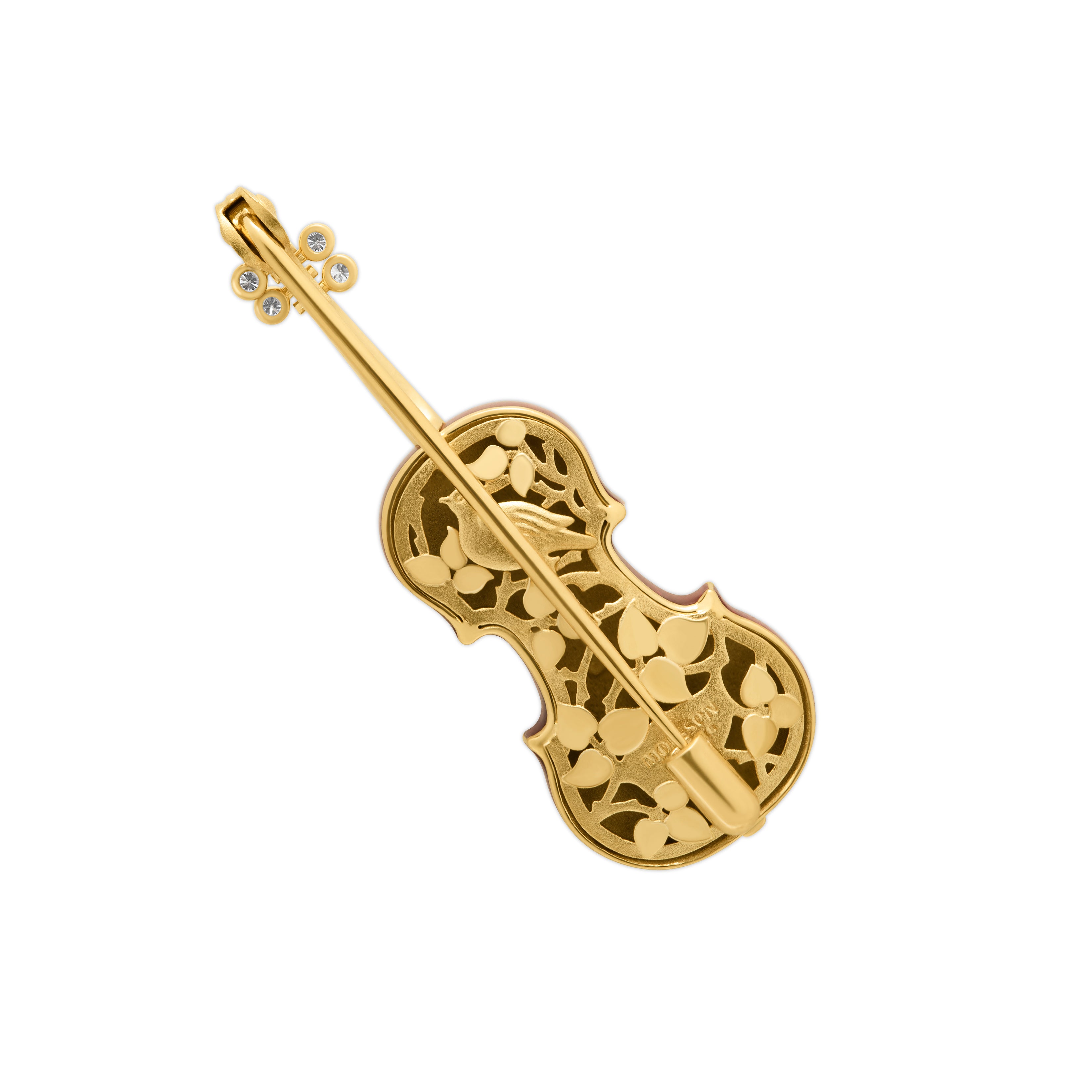 Enamel, Diamonds 18K Yellow Gold Mini Violin Brown Brooch, Brs 0267-10