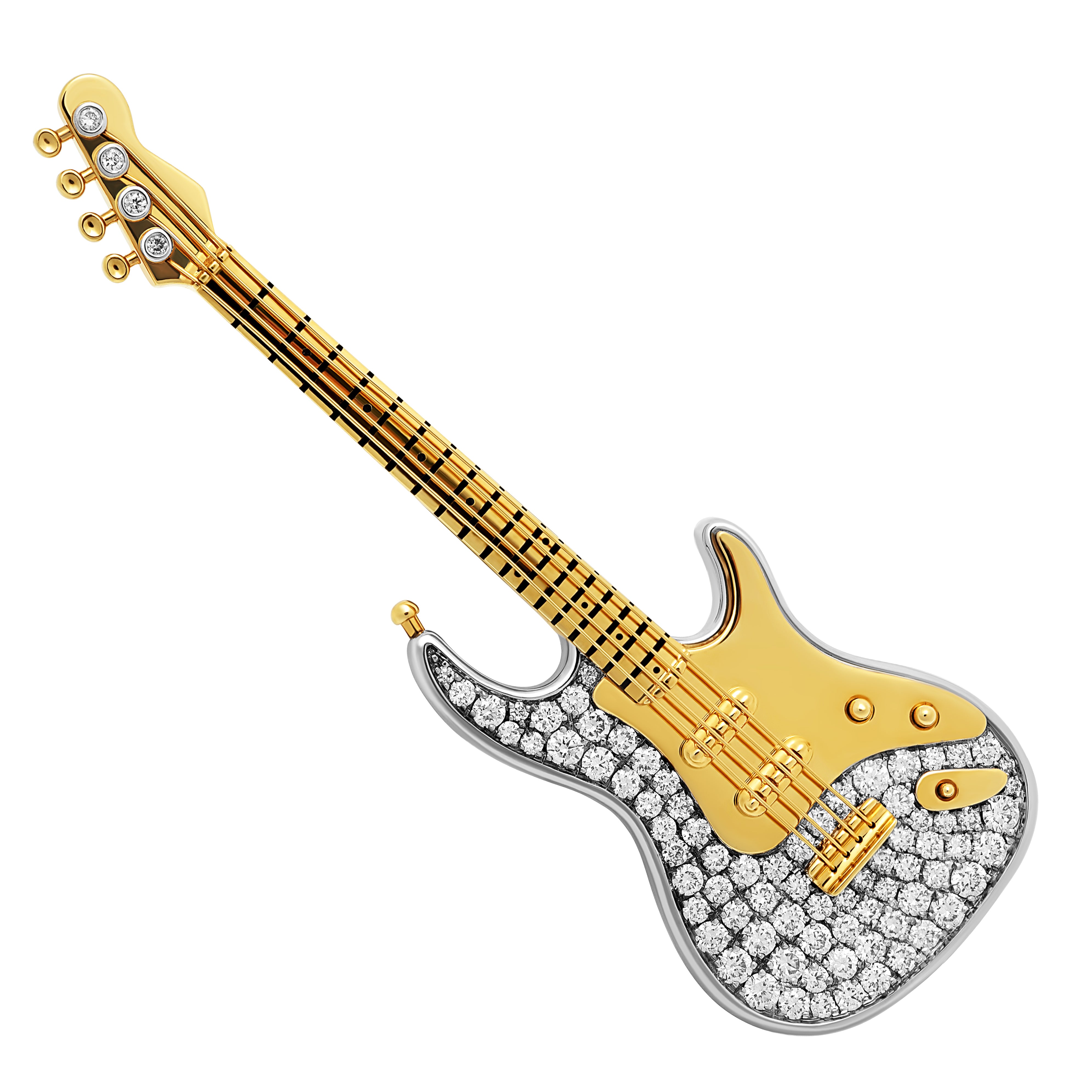 Diamonds 18K Yellow Gold Classical Rock Guitar Brooch, Brs 0267-12