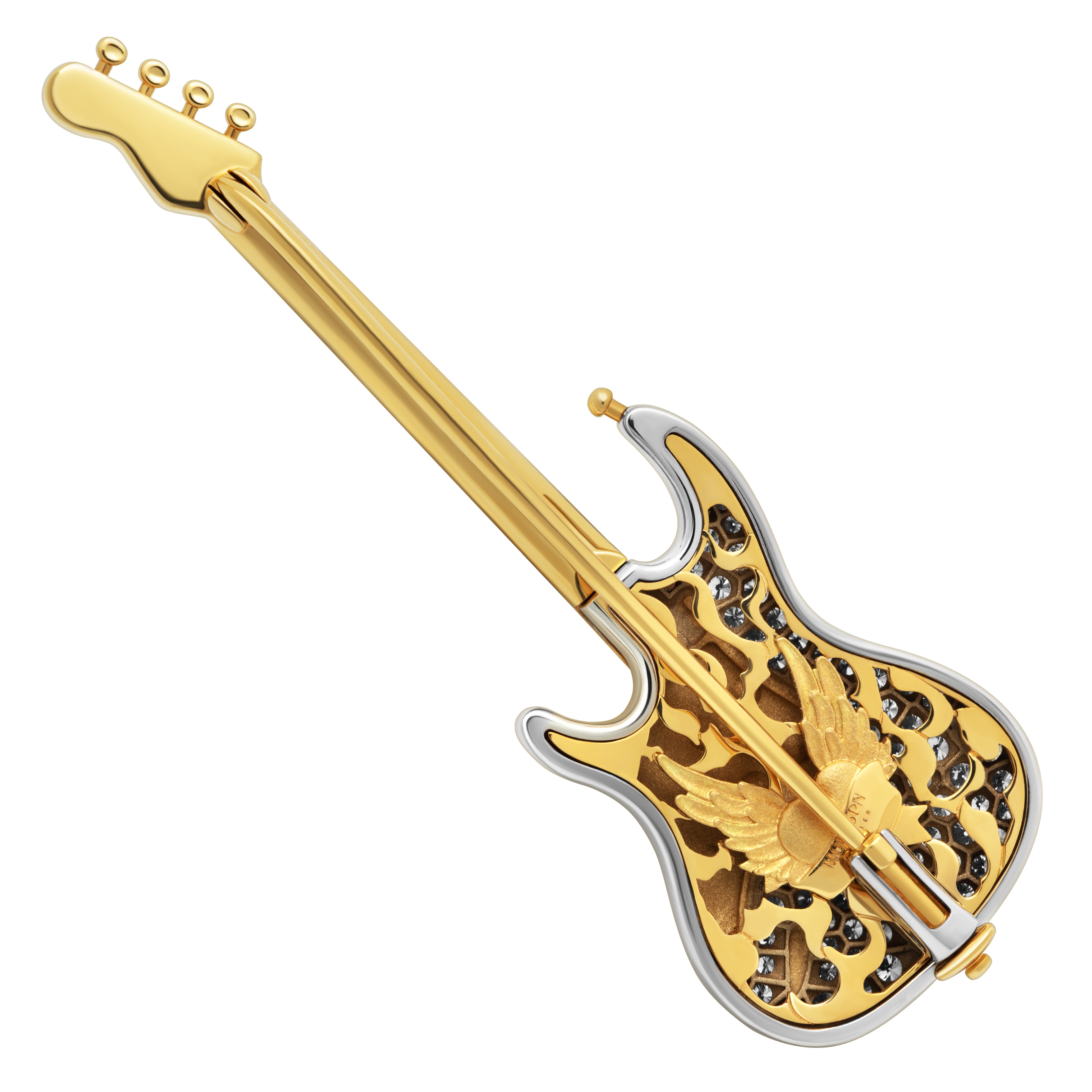 Diamonds 18K Yellow Gold Classical Rock Guitar Brooch, Brs 0267-12