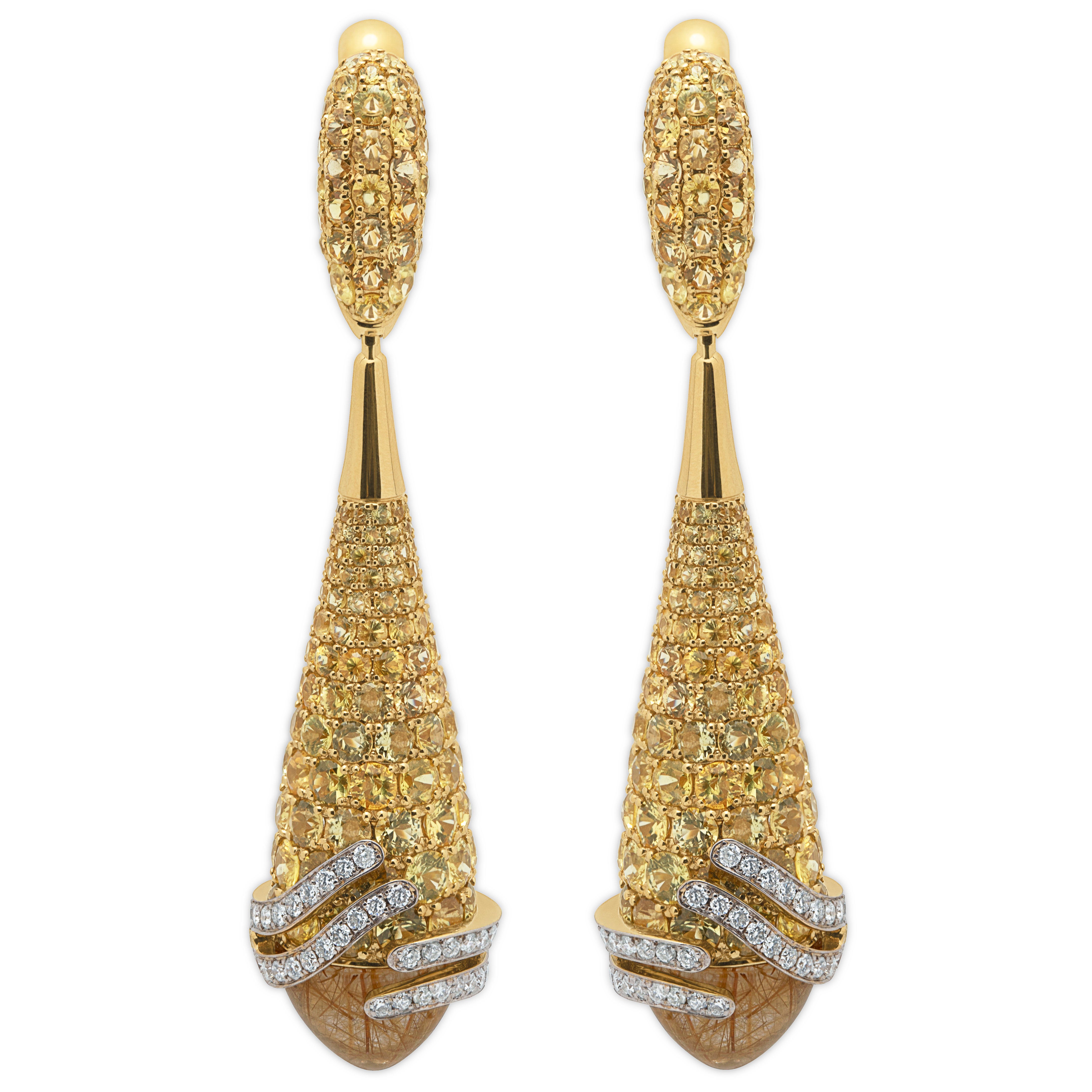 Rutilated Quartz, Yellow Sapphire, Diamonds 18 Karat Yellow Gold Earrings, E 0053-1
